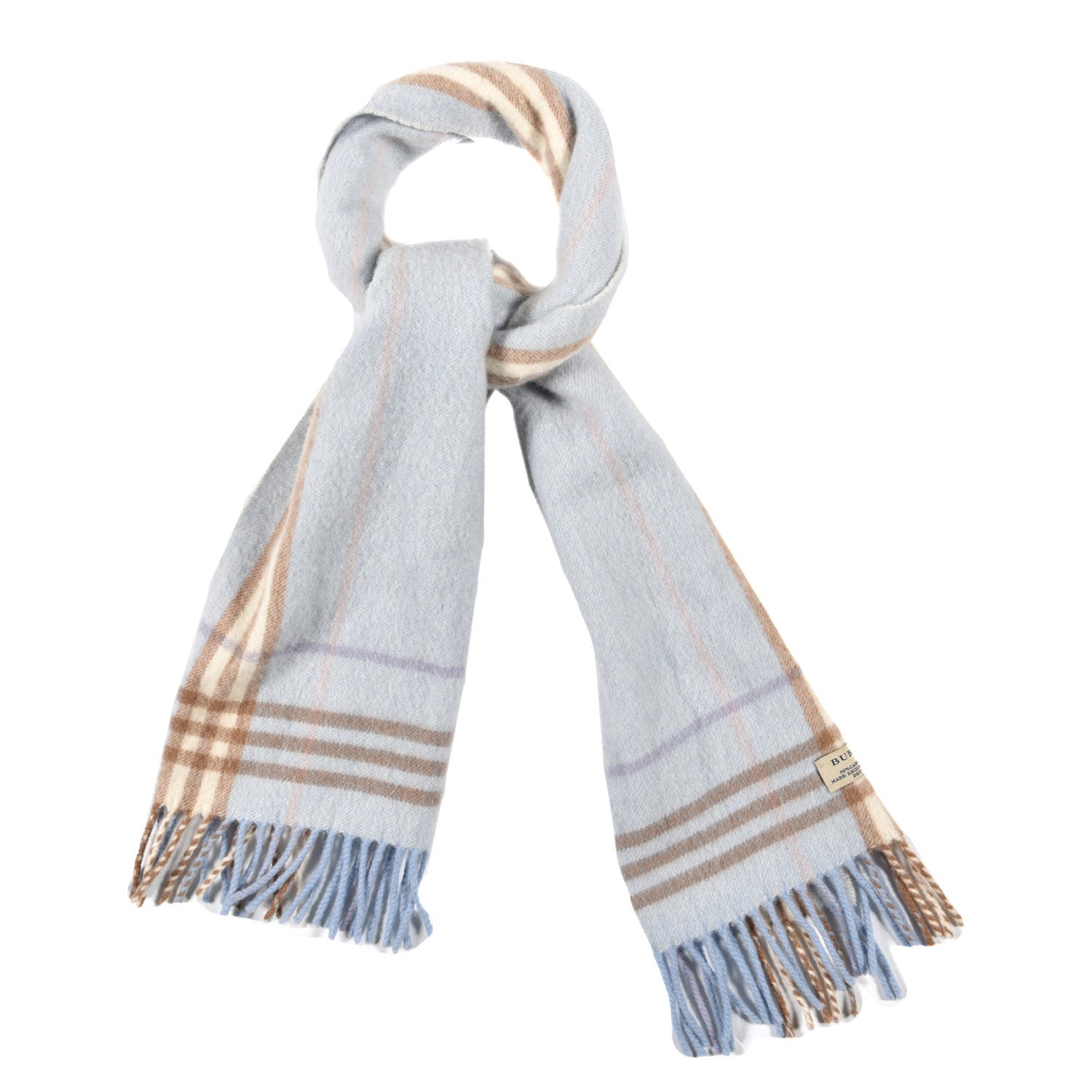 Burberry Cashmere Wool Check Fringe Scarf Light Blue 1 of 4