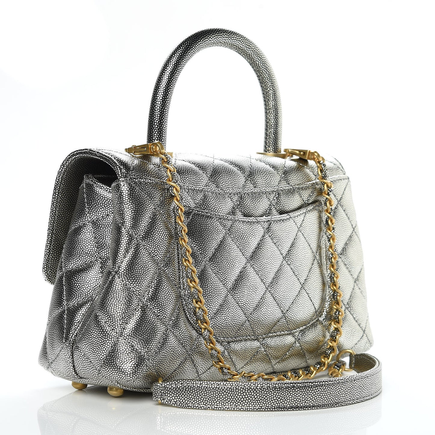 Metallic Caviar Quilted Mini Coco Handle Flap Silver
