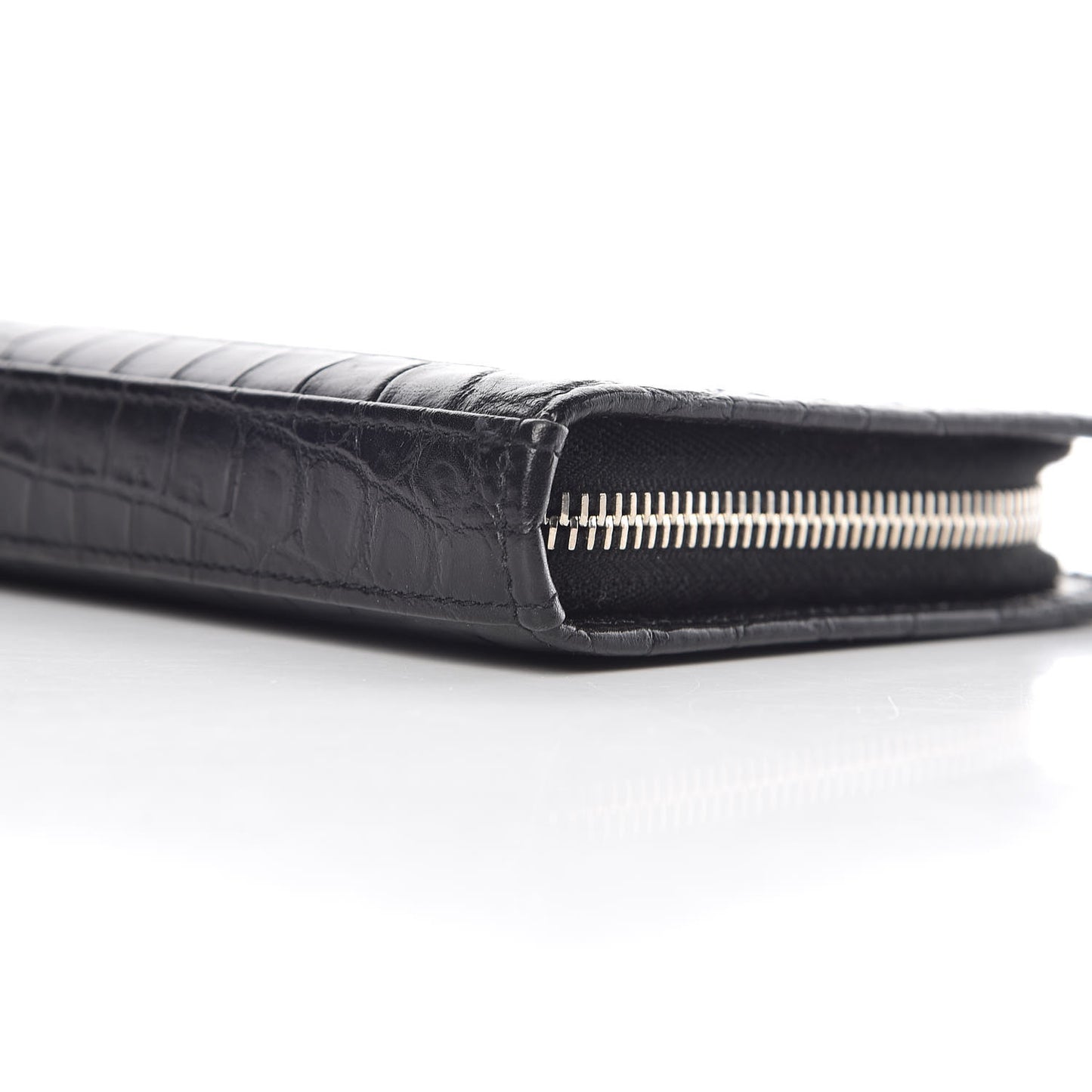 Calfskin Crocodile Embossed Mens Zip Around Continental Wallet Black