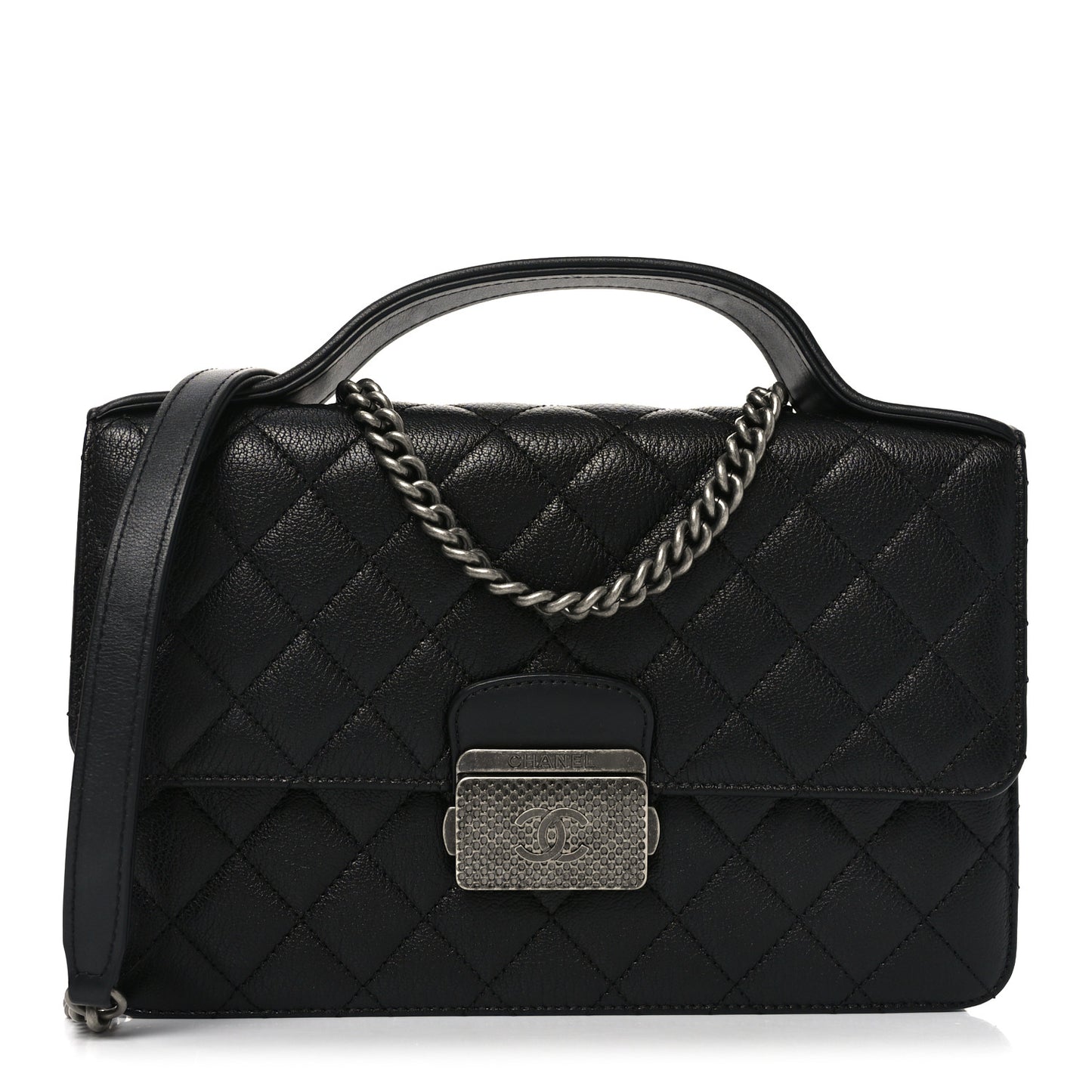 Goatskin Quilted Small CC University Top Handle Flap Black
