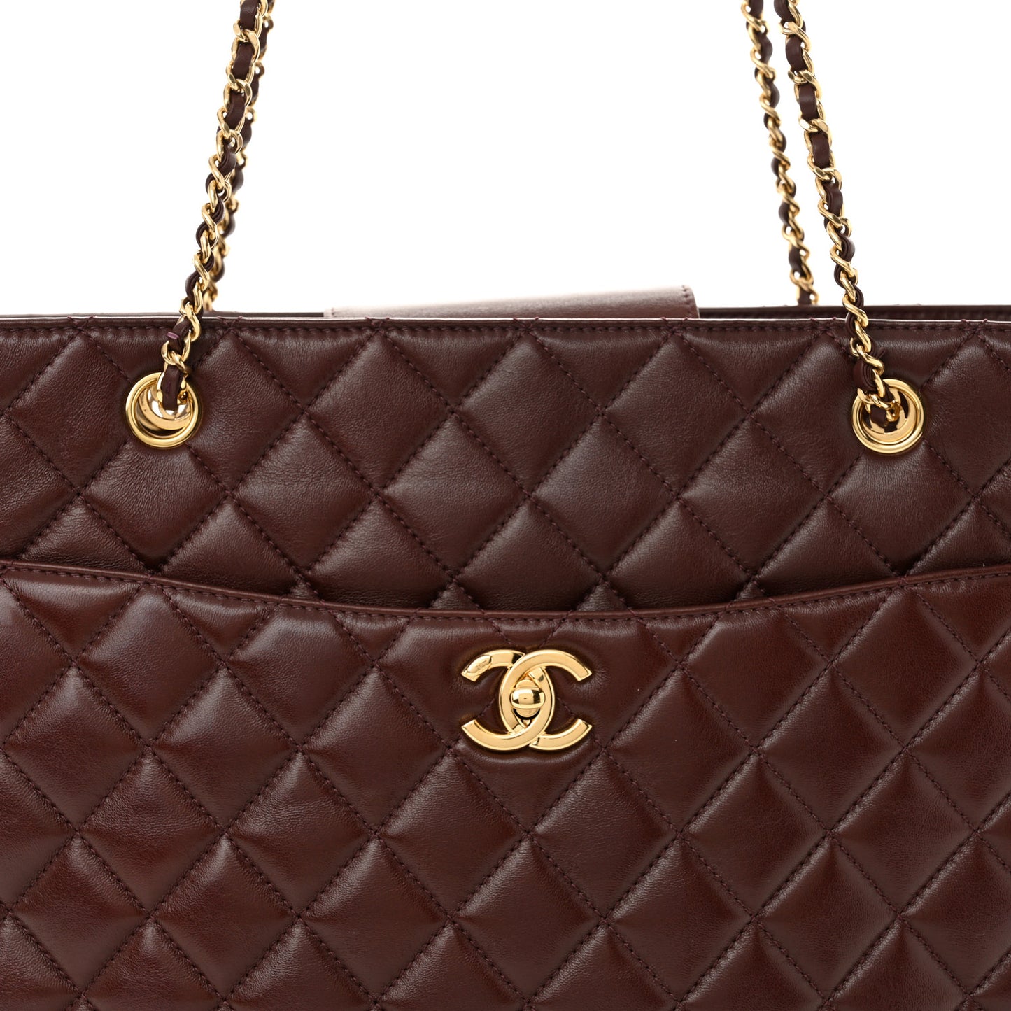 Shiny Lambskin Quilted Medium Shopping Tote Dark Brown