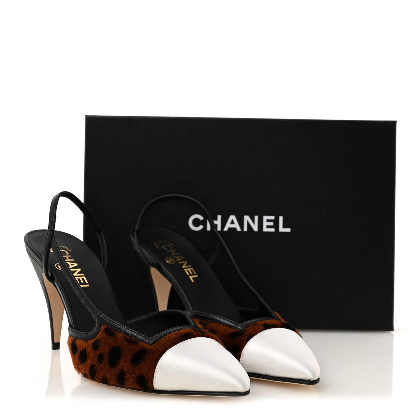 Lambskin Mixed Fibers Cap Toe CC Slingback Pumps 40.5 White Brown Black