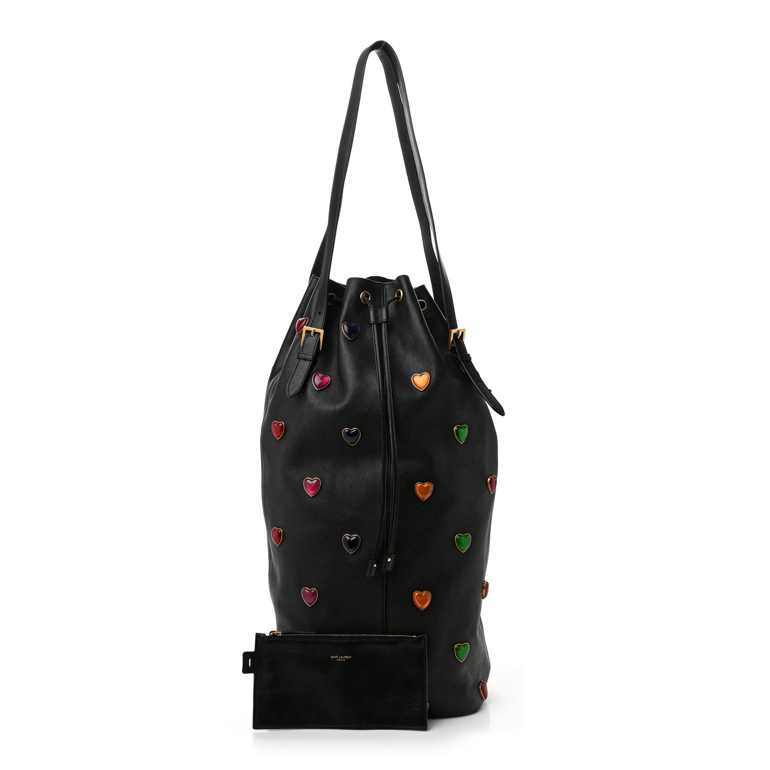 Saint Laurent Lambskin Medium Heart Studded Riva Bucket Bag Black 2 of 11