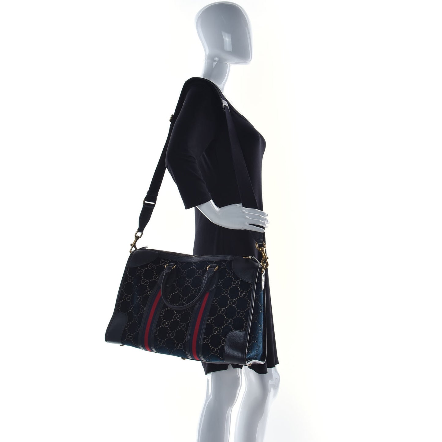 Velvet GG Monogram Textured Calfskin Web Medium Duffle Bag Blue Beige Black