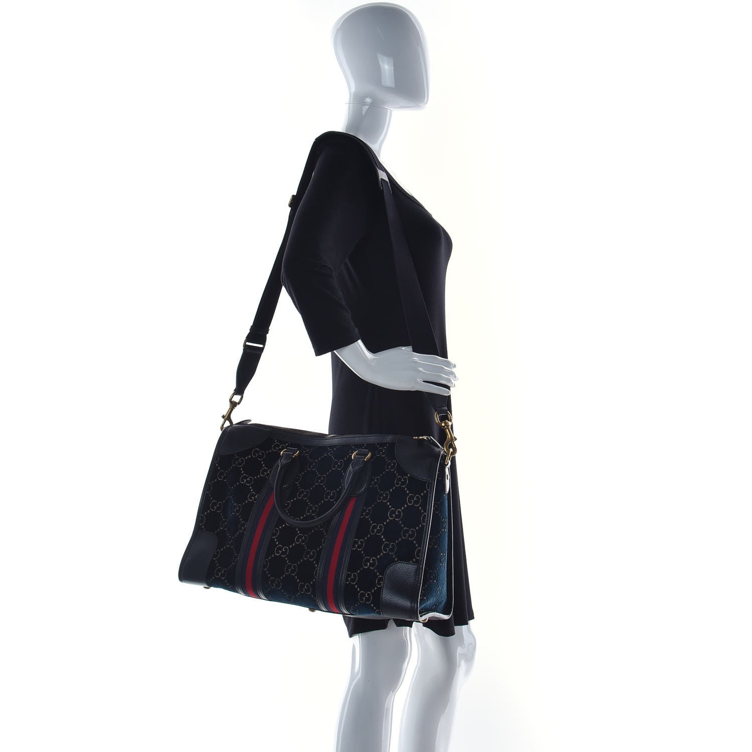 Gucci Velvet GG Monogram Textured Calfskin Web Medium Duffle Bag Blue Beige Black 2 of 14