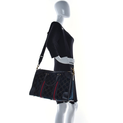 Gucci Velvet GG Monogram Textured Calfskin Web Medium Duffle Bag Blue Beige Black 2 of 14