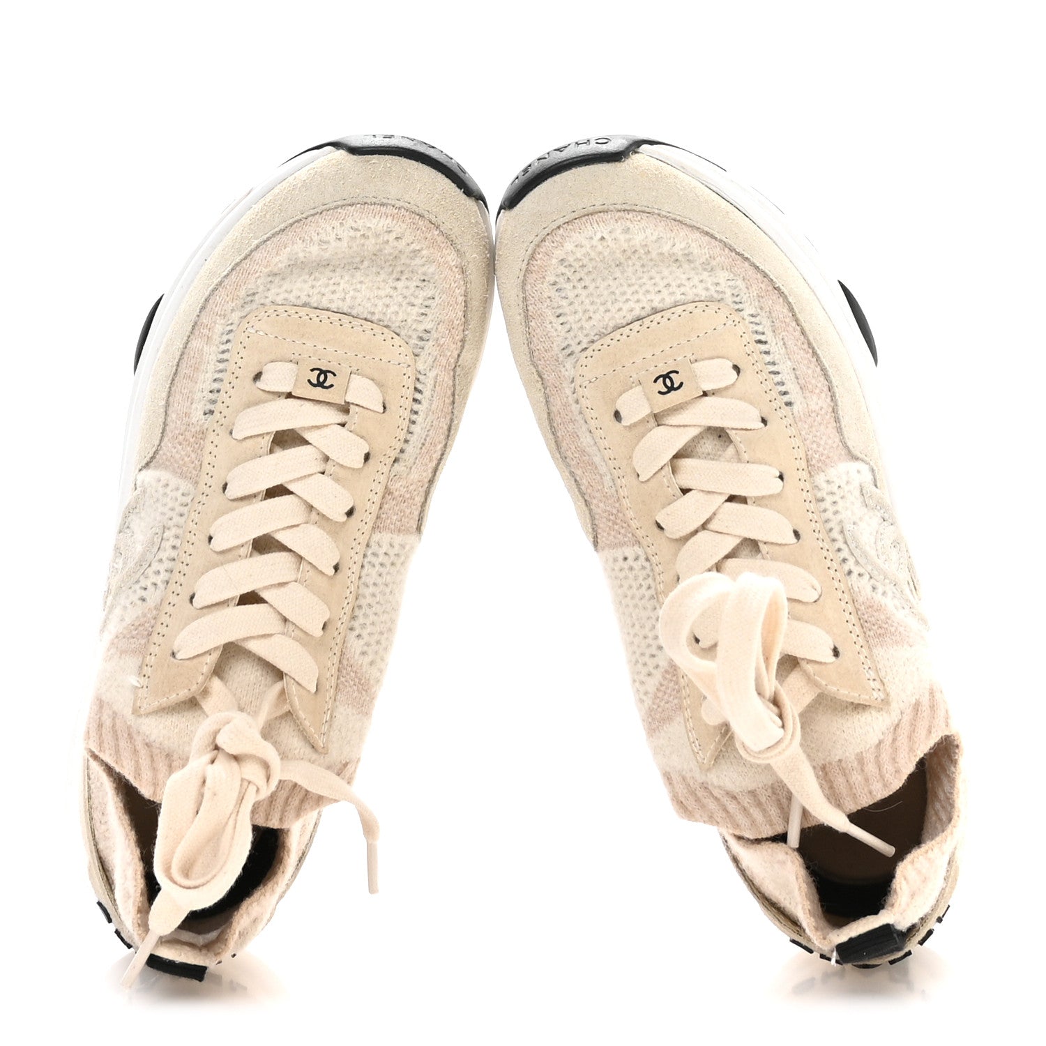 Chanel Knit Fabric Suede Calfskin Womens CC Sneakers 36 Ivory