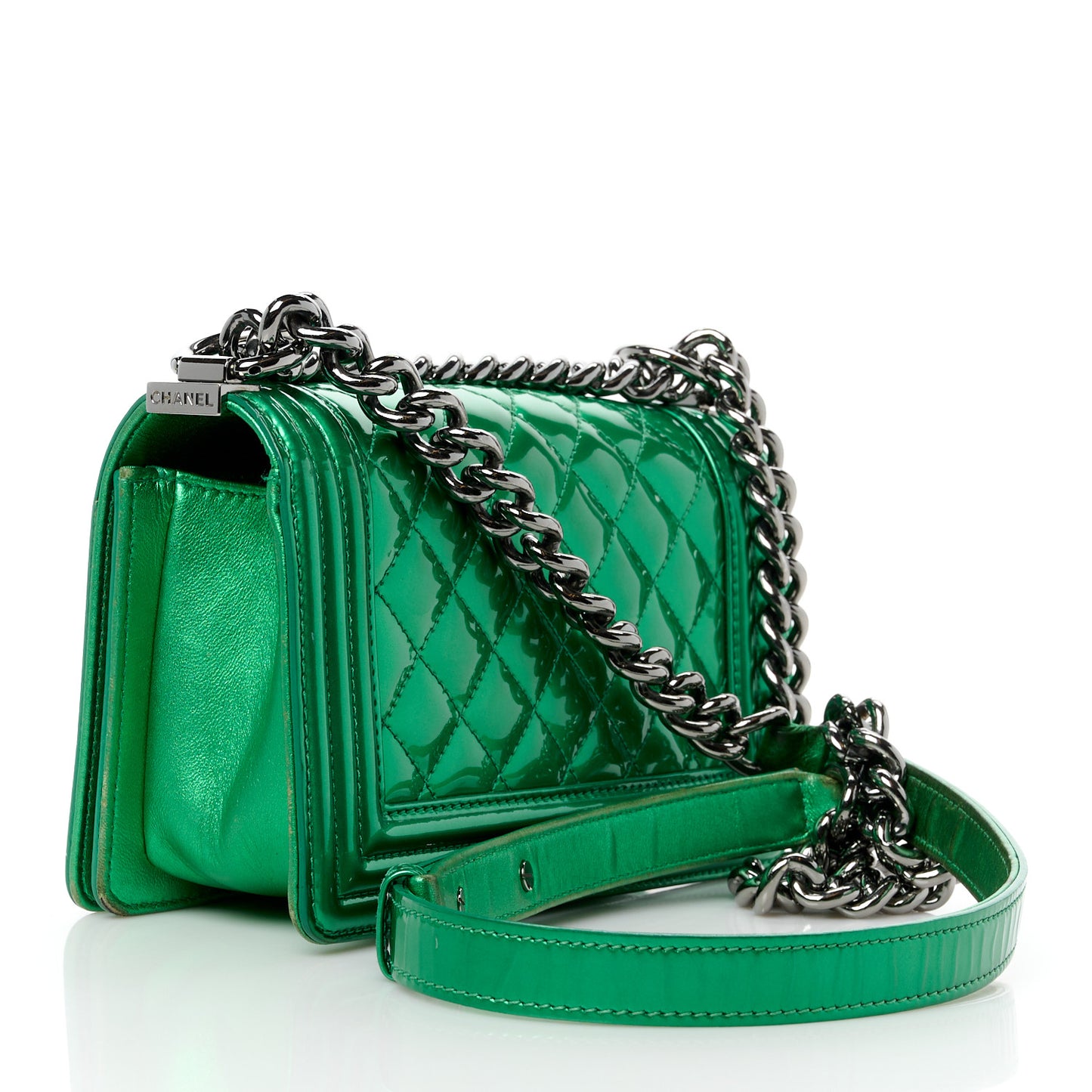 Metallic Patent Calfskin Quilted Small Boy Flap Green