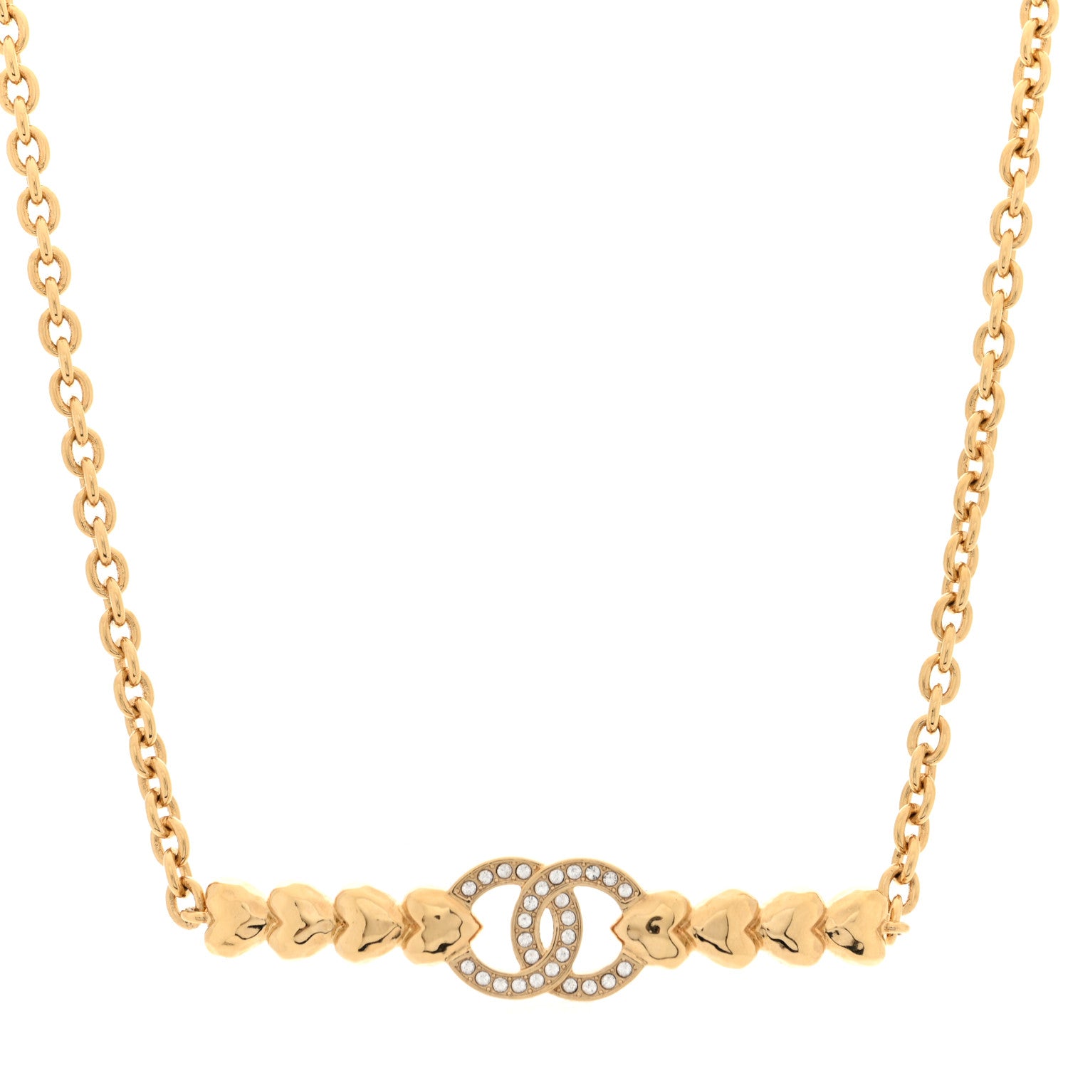 Chanel Crystal CC Heart Link Choker Necklace Gold 1 of 5