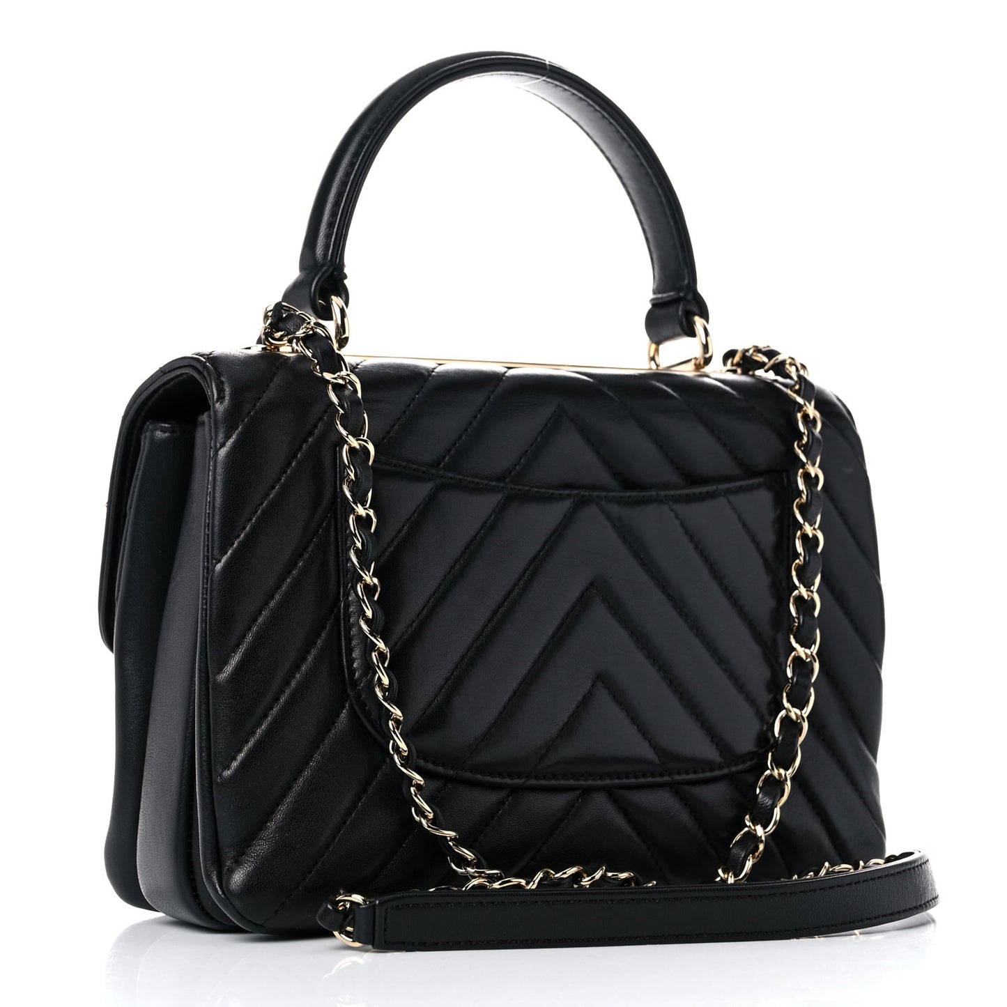 Lambskin Chevron Quilted Small Trendy CC Dual Handle Flap Bag Black