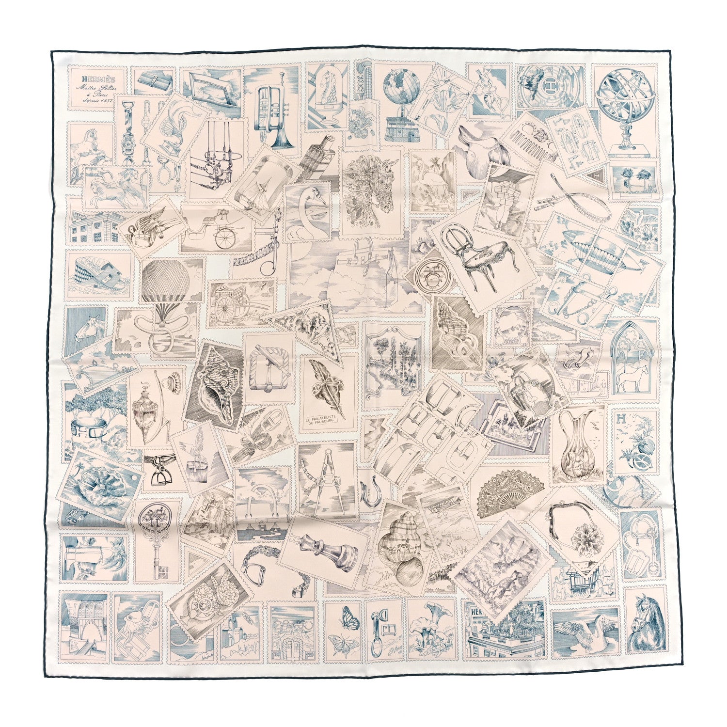 Hermes Silk Le Philateliste Du Faubourg Scarf 90 Gris Parchemin White 1 of 3