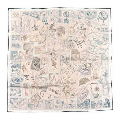 Hermes Silk Le Philateliste Du Faubourg Scarf 90 Gris Parchemin White 1 of 3