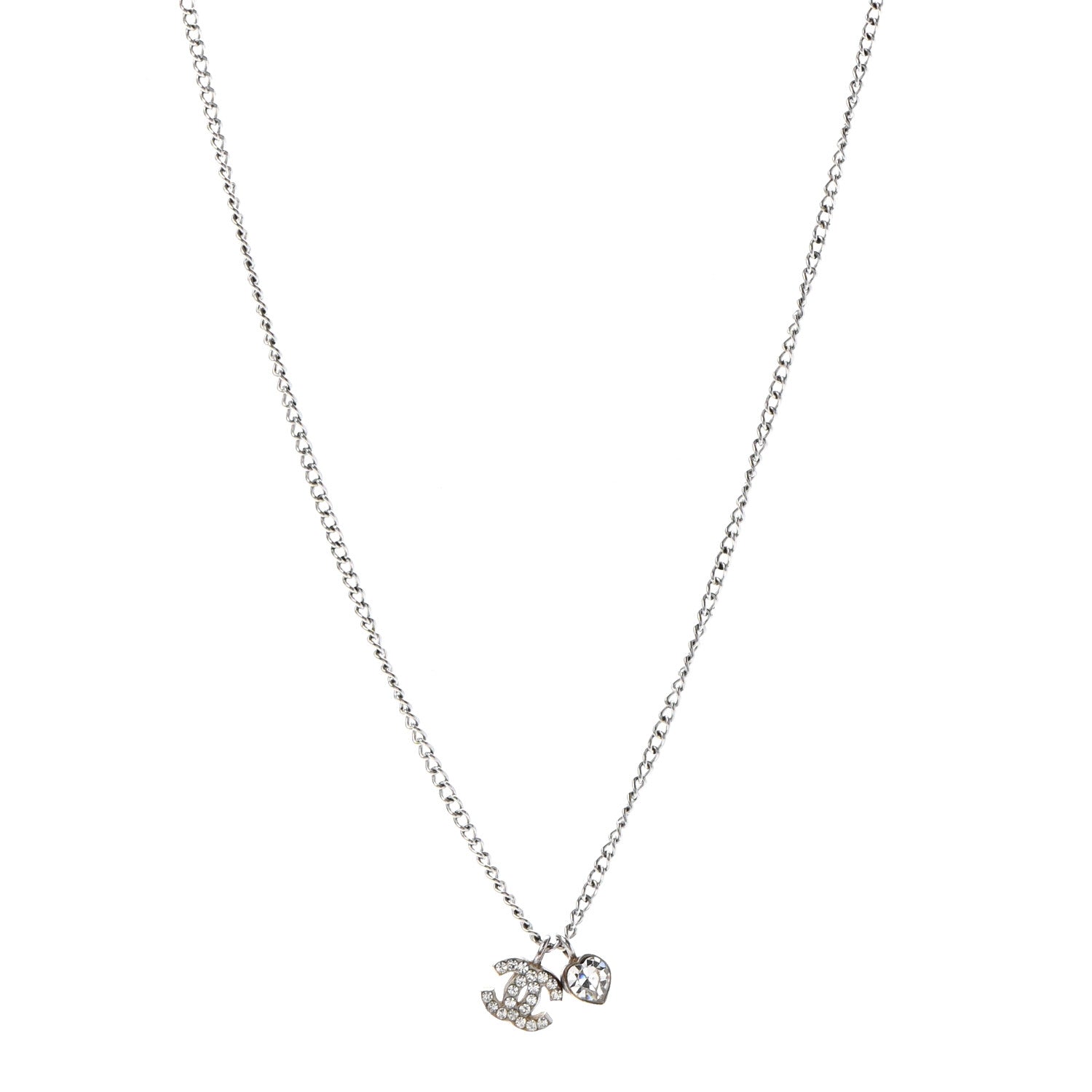 Chanel Crystal Mini Heart CC Necklace Silver 1 of 6