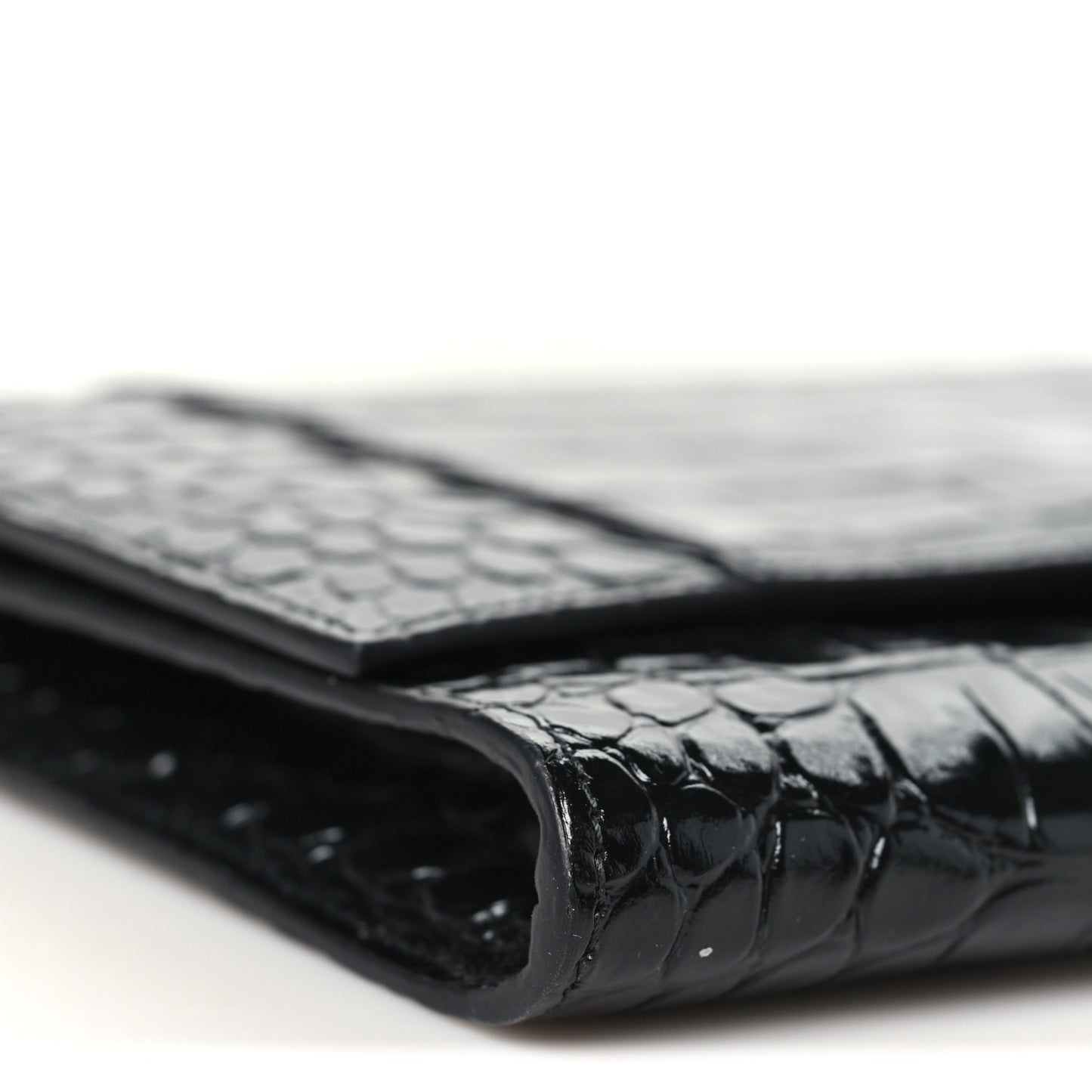 Shiny Calfskin Crocodile Embossed Hourglass Gusset Pouch Black