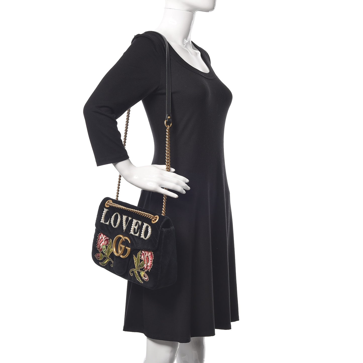Velvet Matelasse Loved Embroidered Medium GG Marmont Shoulder Bag Black