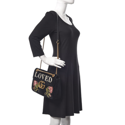 Gucci Velvet Matelasse Loved Embroidered Medium GG Marmont Shoulder Bag Black 2 of 11