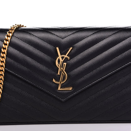 Saint Laurent Grain De Poudre Matelasse Chevron Monogram Chain Wallet Black 8 of 9