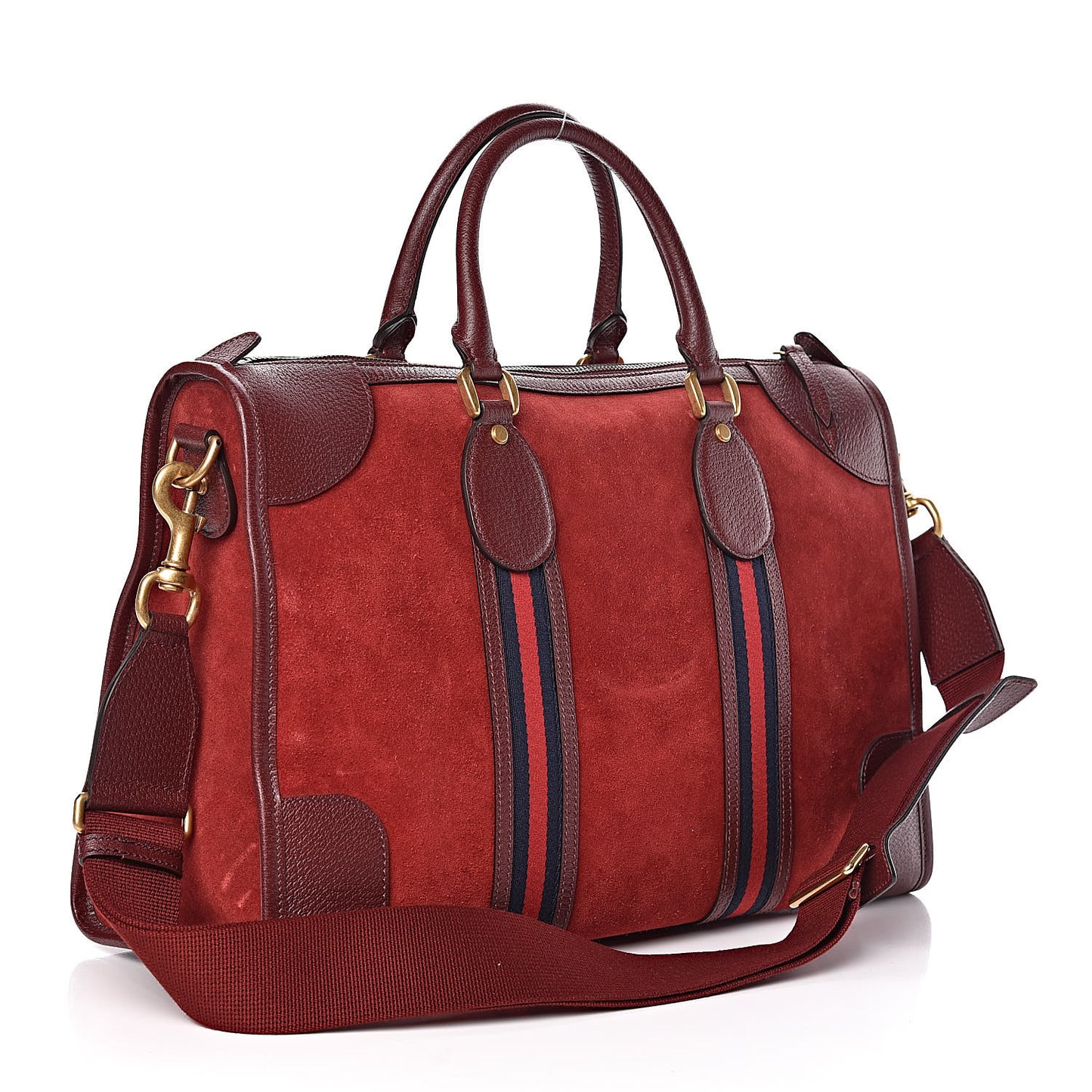 Suede Daino Textured Dollar Calfskin Web Medium Duffle Bag Romantic Cerise Chardonnay
