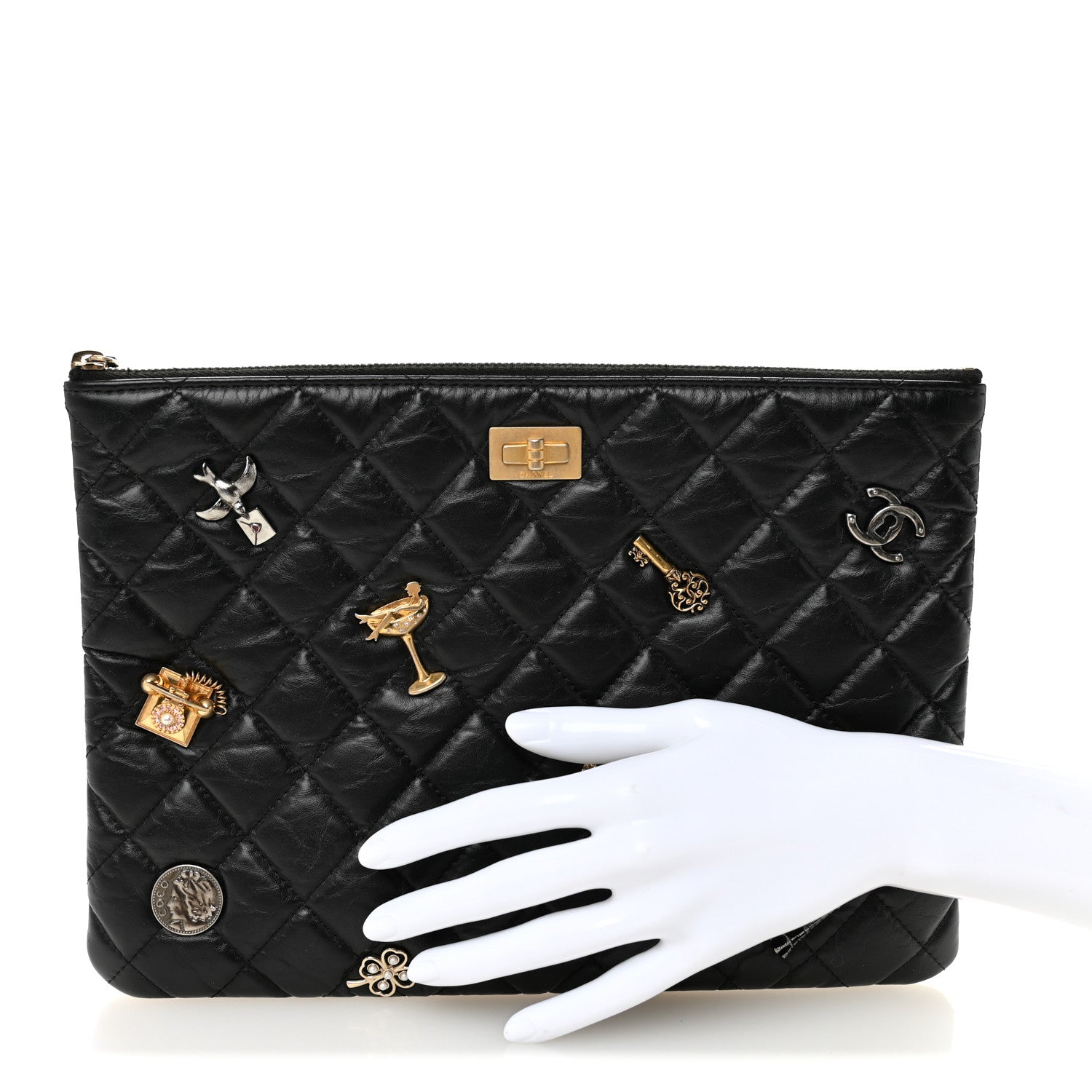 Chanel Aged Calfskin Quilted Medium Lucky Charms Cosmetic Case Black 2 of 9