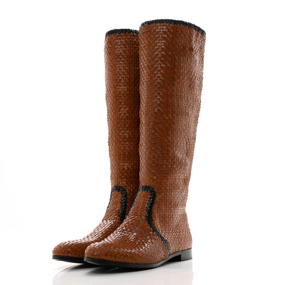 Prada Woven Calfskin Bicolor Tall Boots 40 Caramel Black 3 of 10