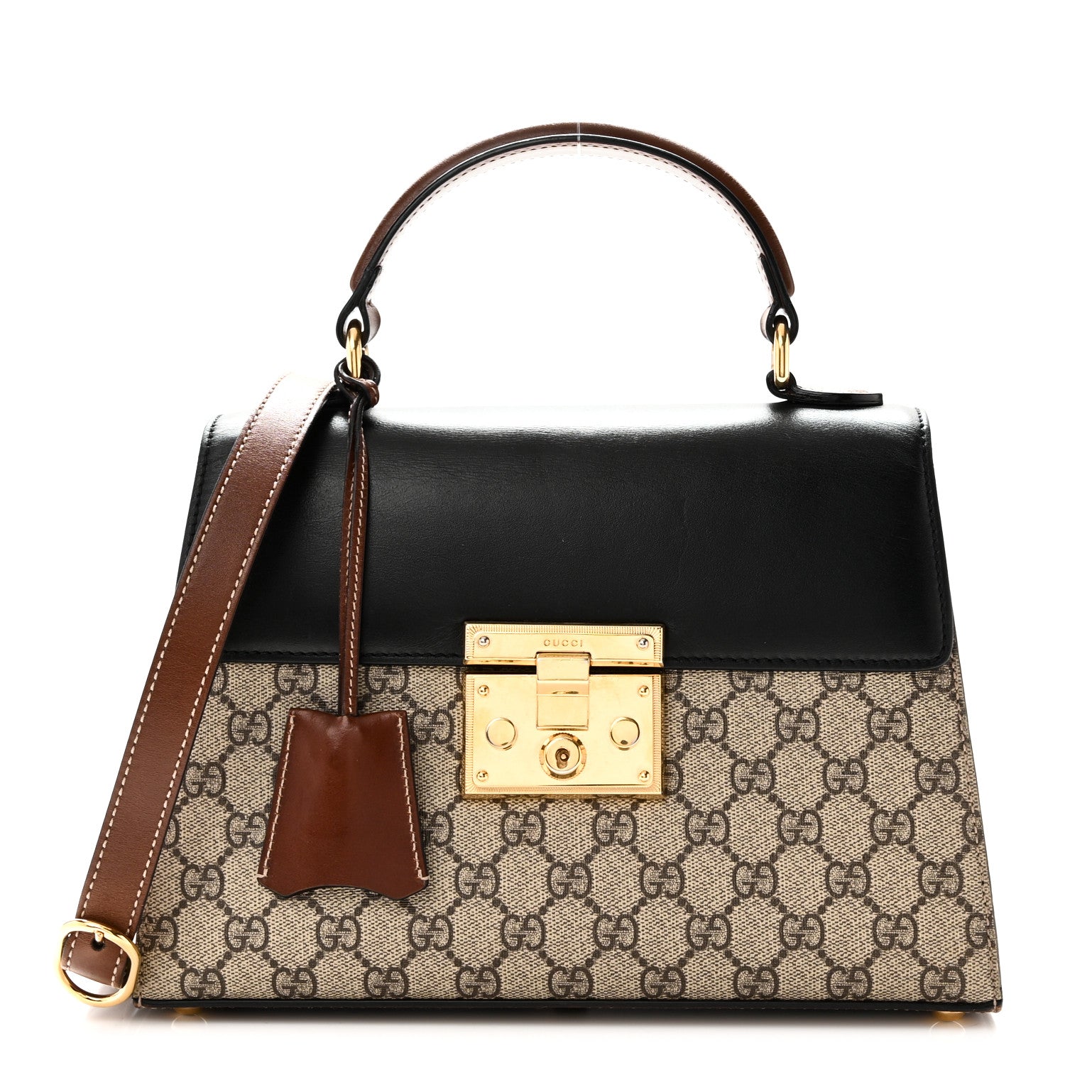 Gucci GG Supreme Monogram Calfskin Small Padlock Top Handle Bag Beige Black Cuir 1 of 10