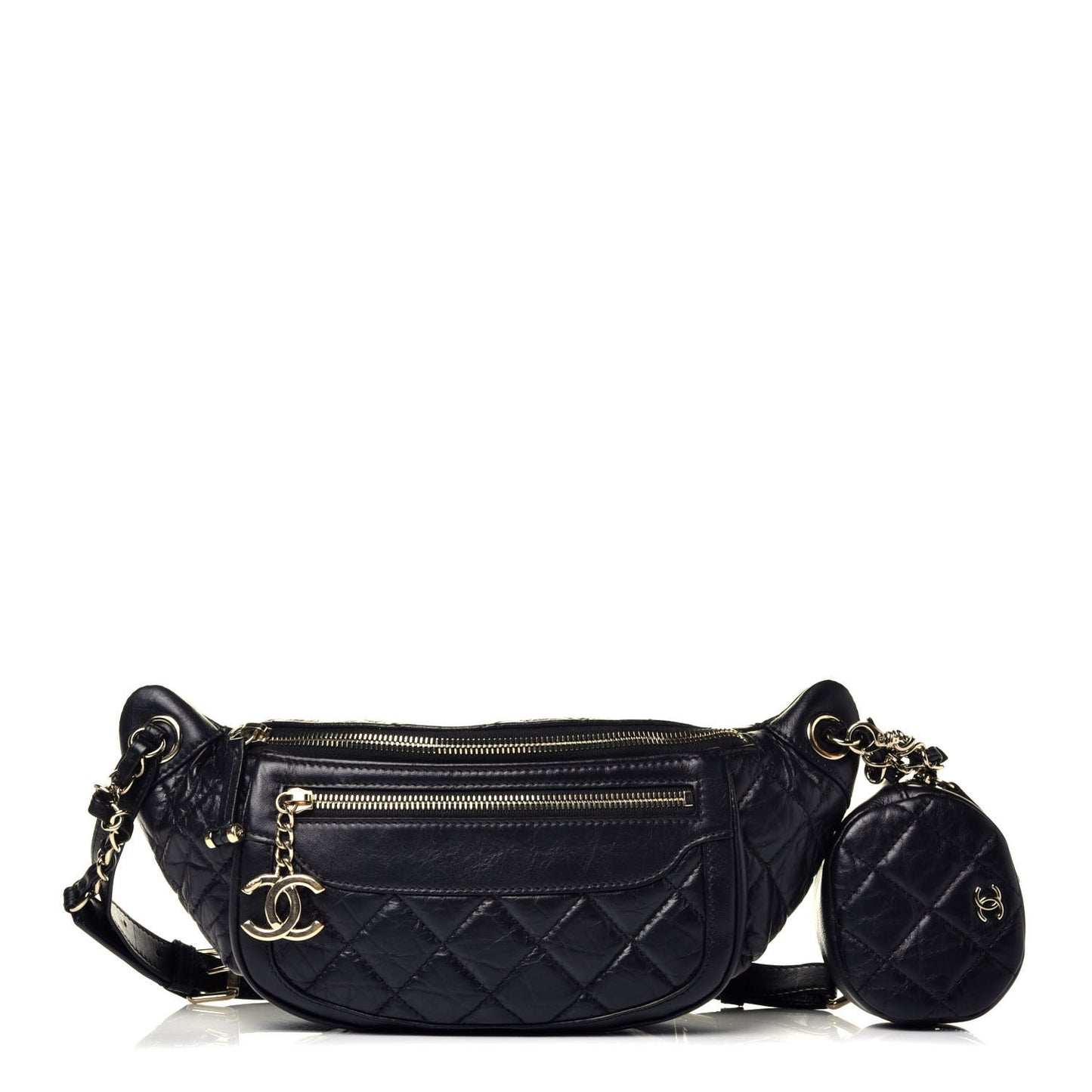 Aged Calfskin Quilted Waist Bag With Coin Purse Black