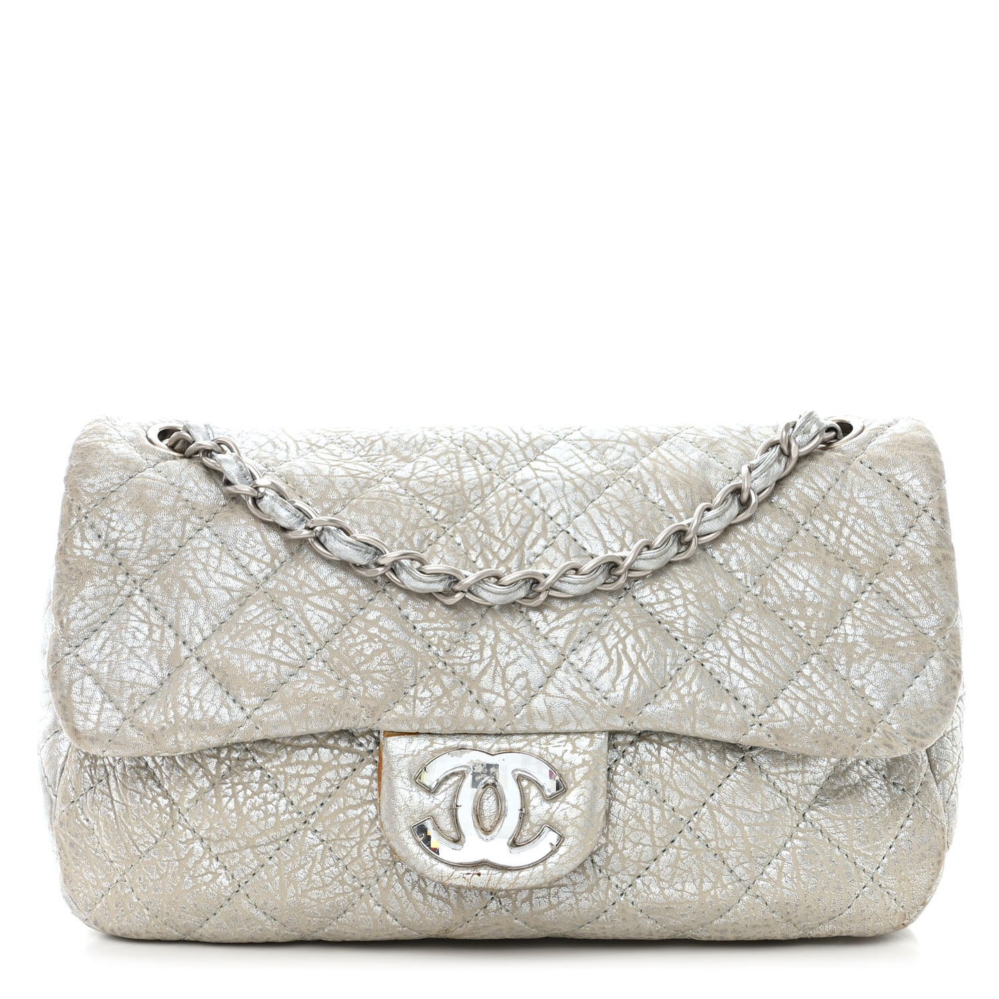 Calfskin Mirror CC Crackled Flap Silver