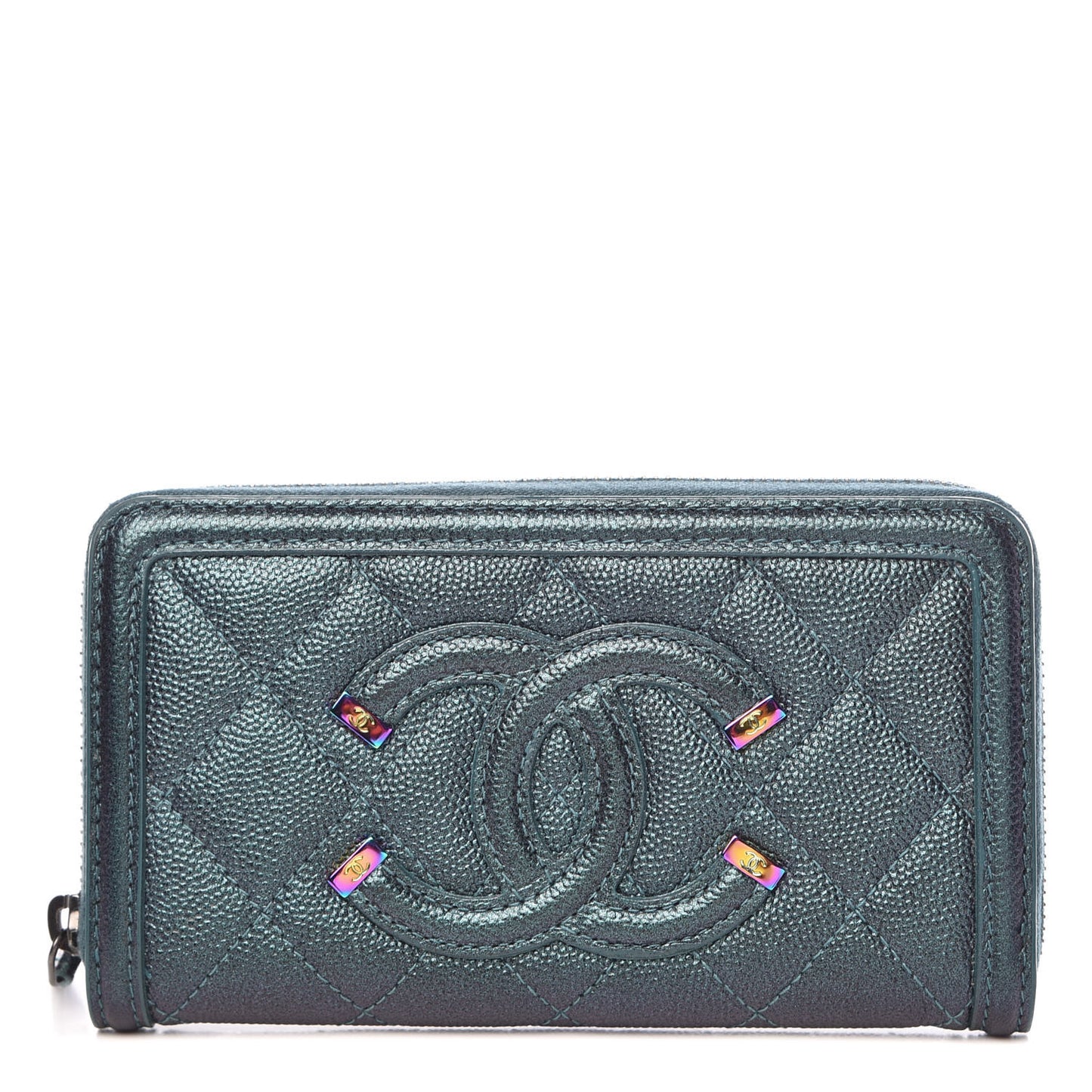 Iridescent Caviar Quilted Medium Filigree Zip Around Wallet Dark Turquoise