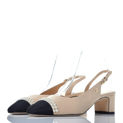 Chanel Lambskin Grosgrain Pearl Cap Toe CC Slingback Pumps 37 Beige Black 3 of 9