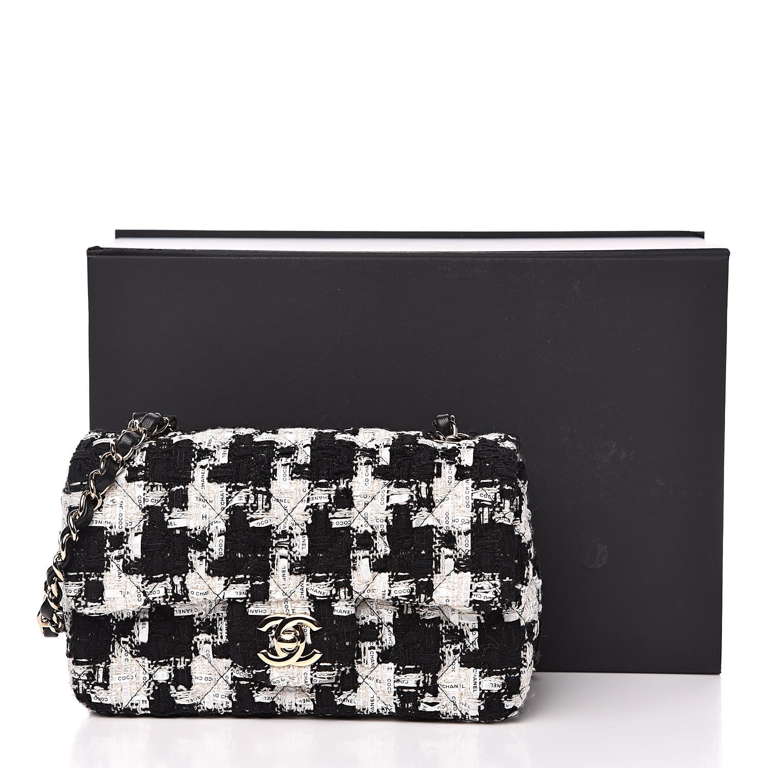 Chanel Tweed Quilted Mini Rectangular Flap Black Ecru White 12 of 12