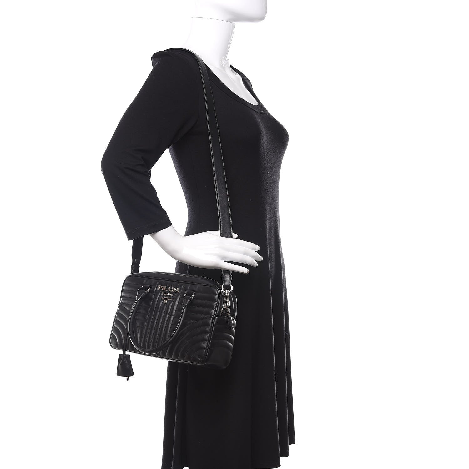 Prada Soft Calfskin Impunture Diagramme Top Handle Crossbody Bag Black 2 of 11