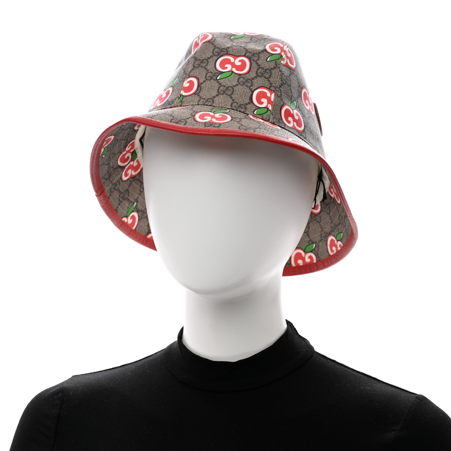 Gucci GG Supreme Monogram Apple Textured Dollar Calfskin Retro Interlocking G Fedora Pomme Bucket Hat L Beige Ebony Red 2 of 12