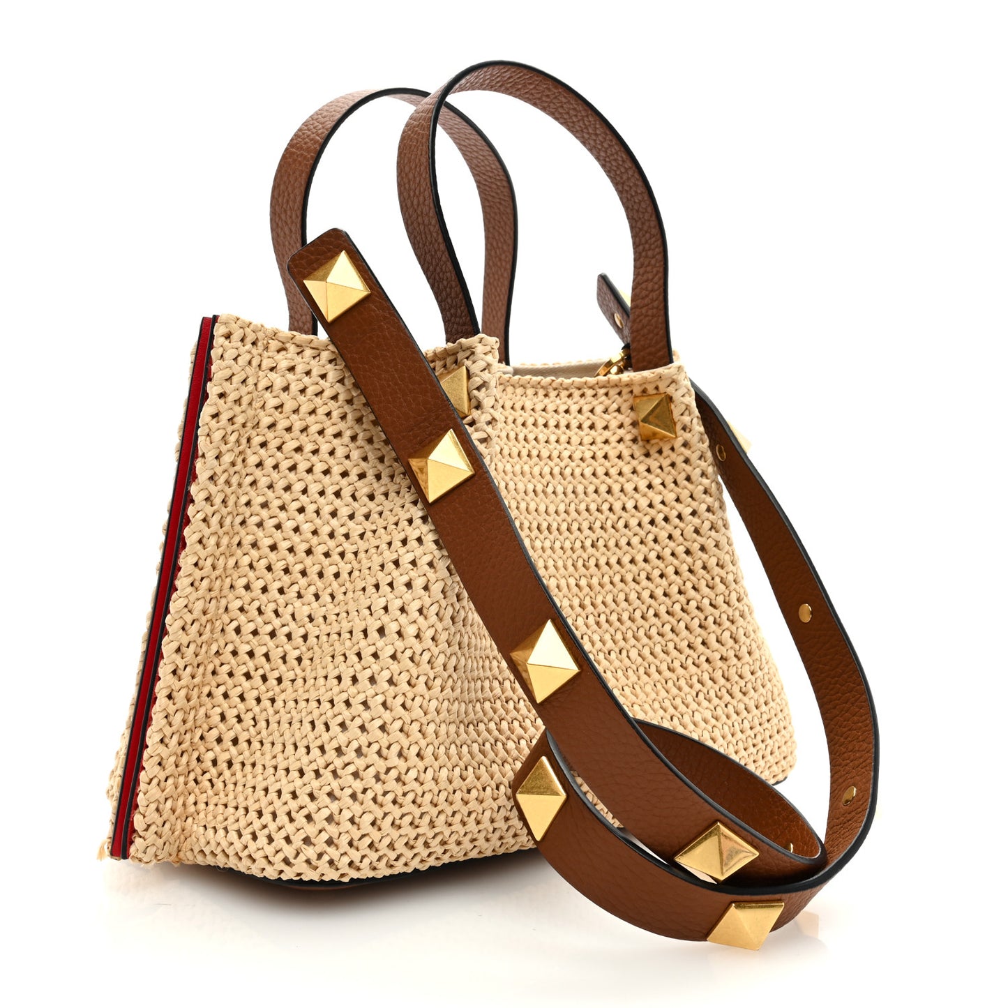 Raffia Grained Calfskin Small Rockstud Vlogo Tote Naturale