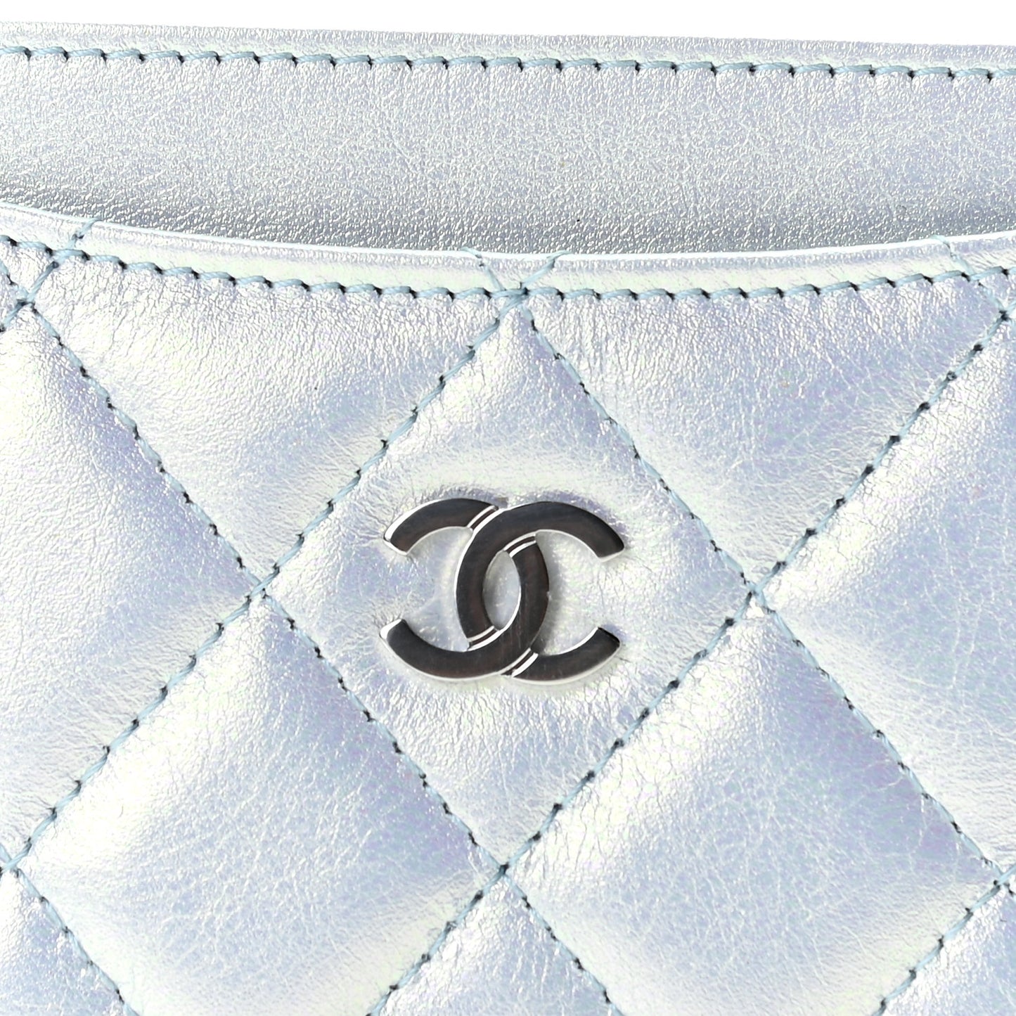 Iridescent Calfskin Quilted Card Holder Light Blue