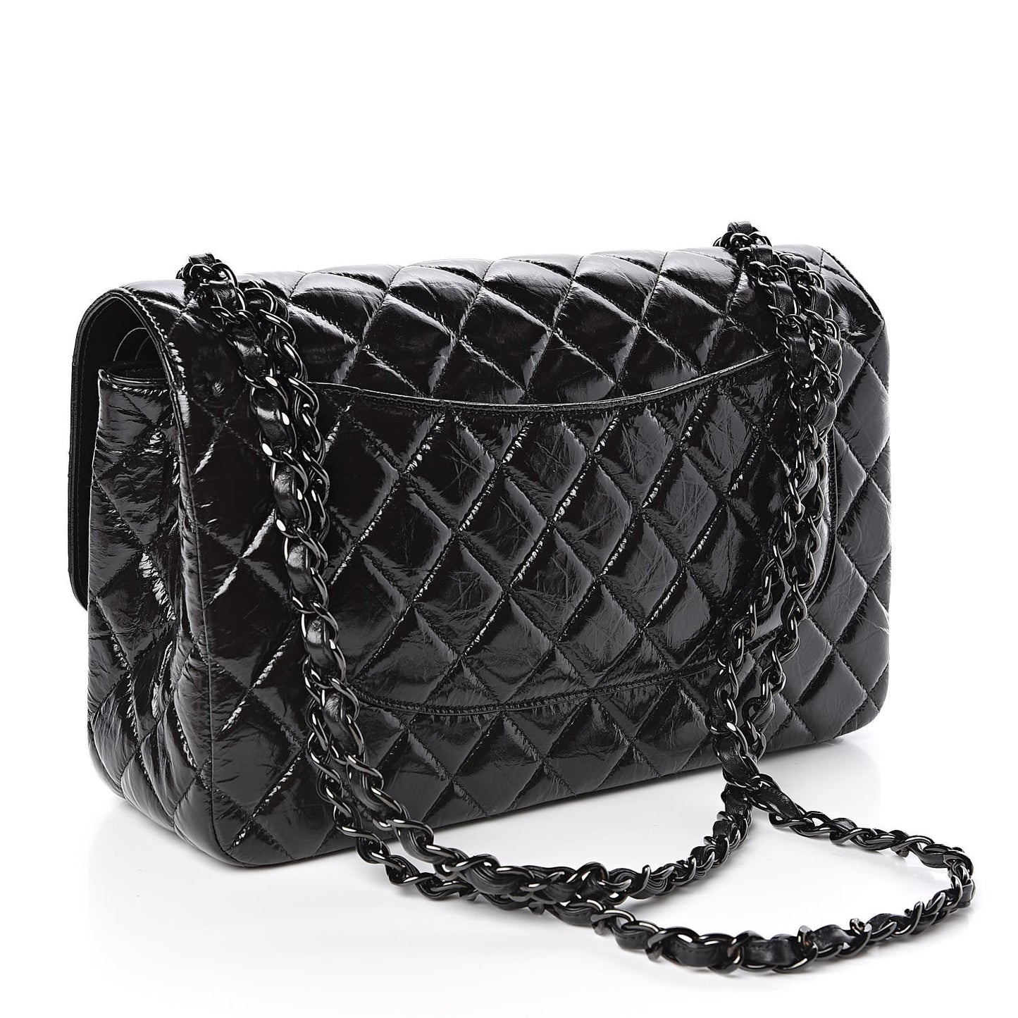 Shiny Distressed Calfskin Quilted Jumbo Double Flap So Black
