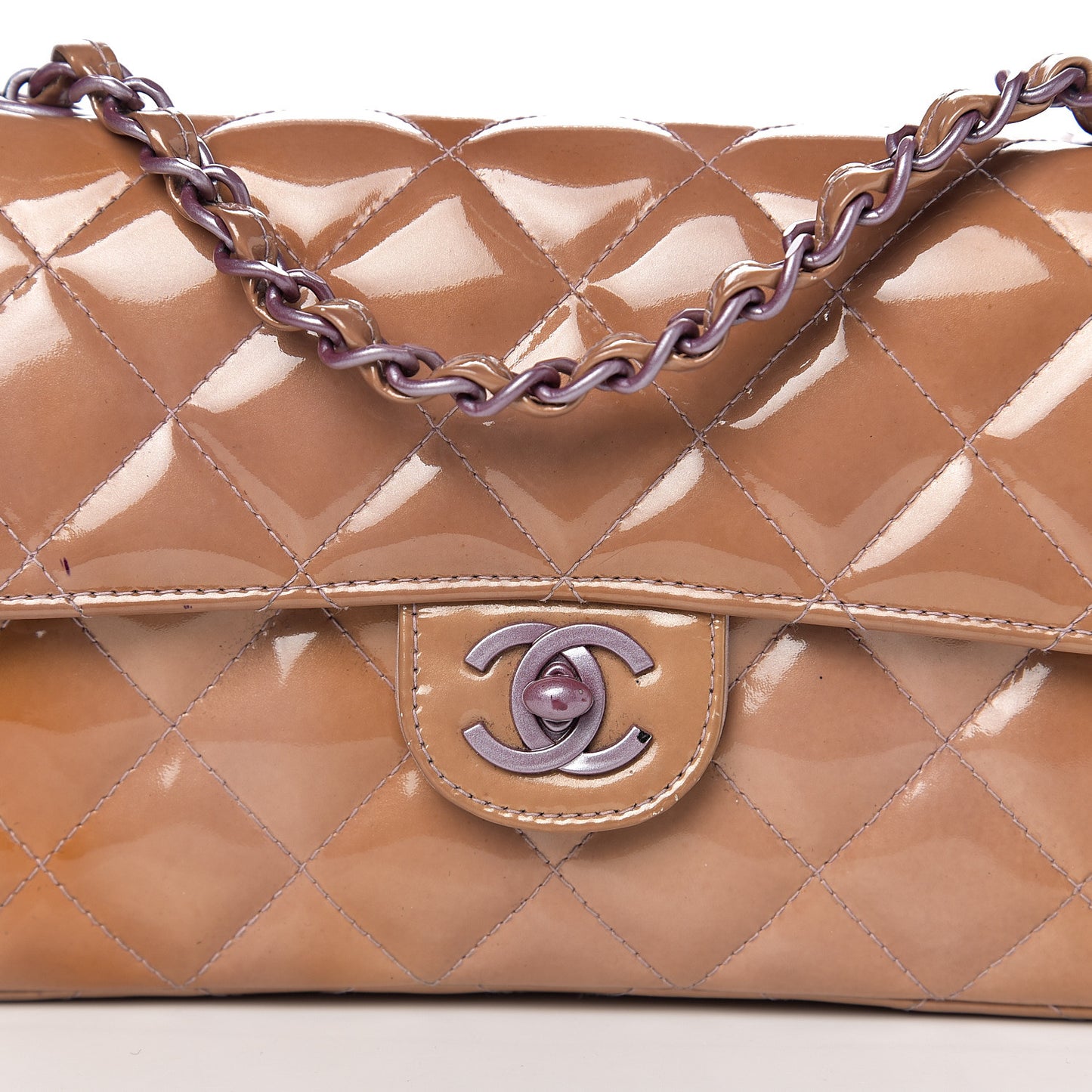 Patent Calfskin Quilted Mini Rectangular Flap Dark Beige