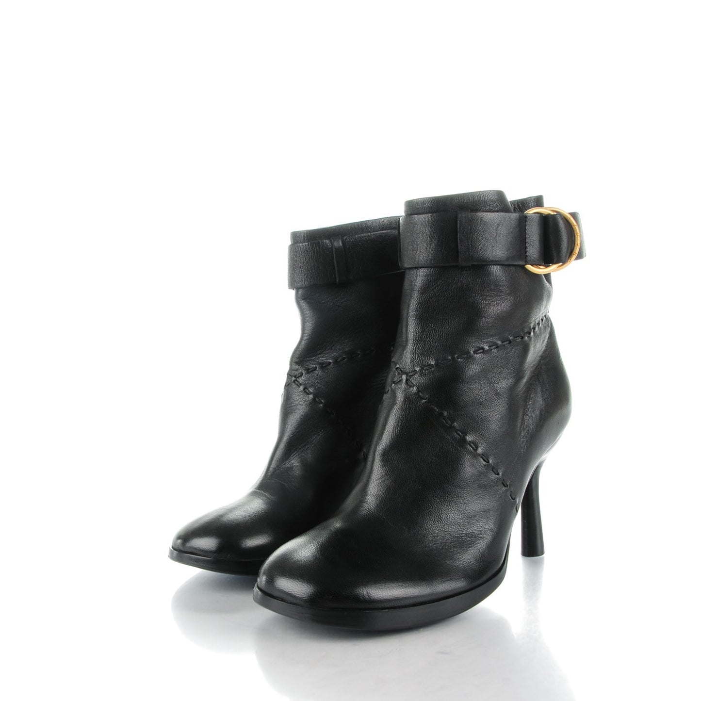 Lambskin Belted Stitched Ankle Boots 36 Black
