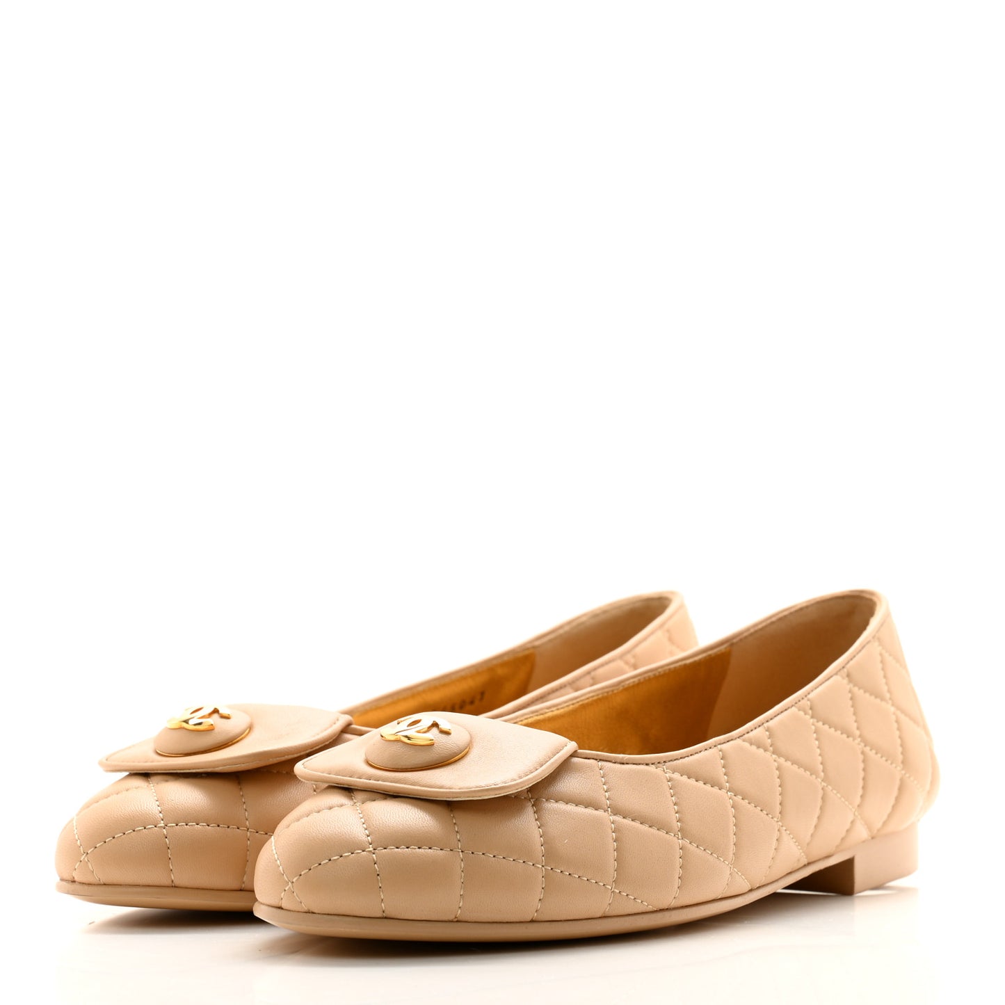 Lambskin Quilted CC Ballerina Flats 38.5 Light Beige