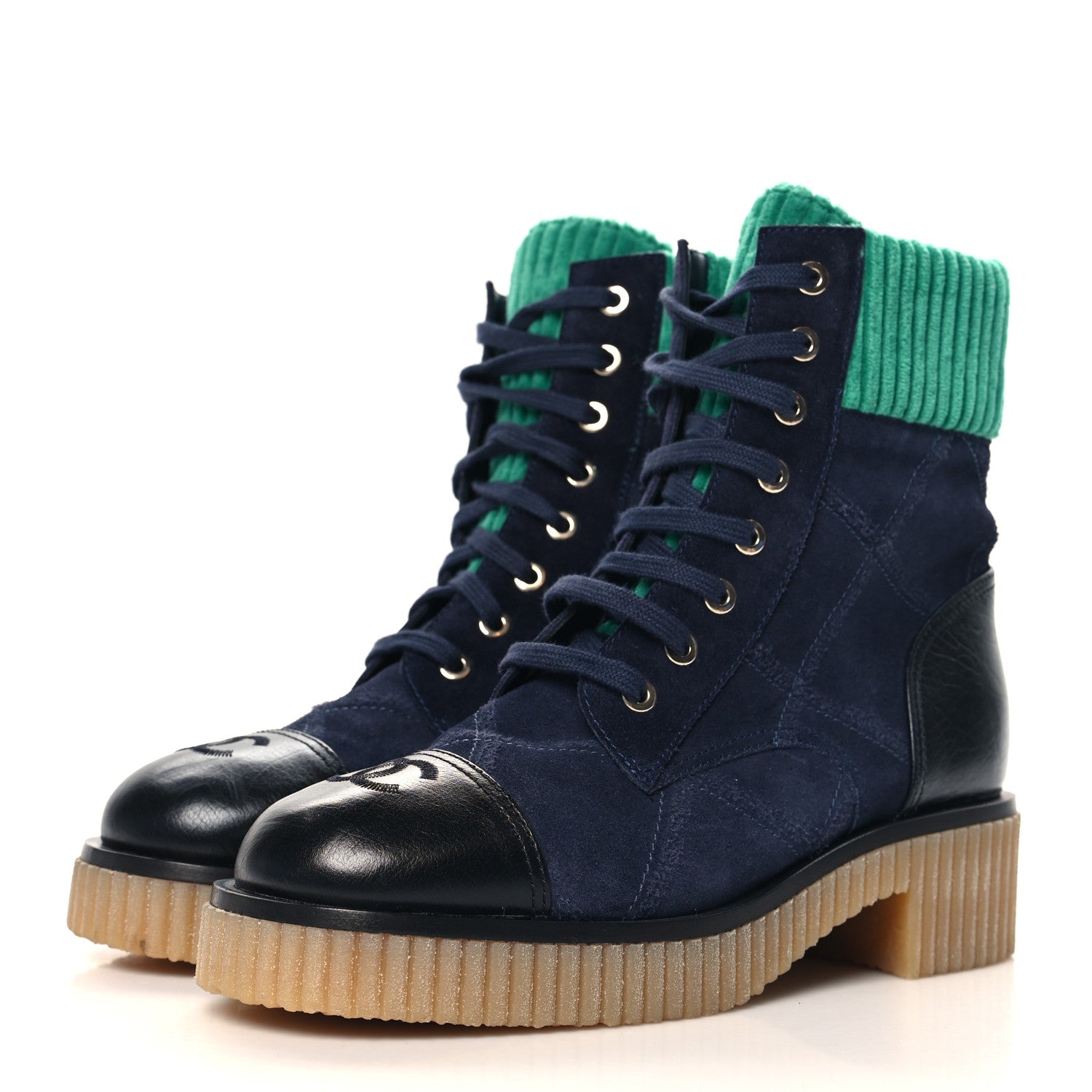 Chanel Suede Calfskin Velvet Quilted CC Combat Boots 37 Navy Green Black 4 of 9