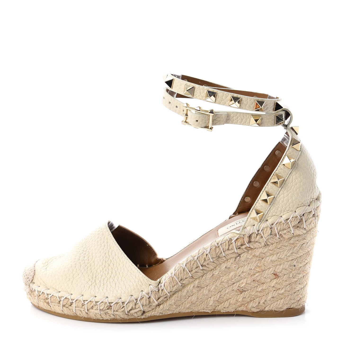 Grained Calfskin Rockstud Ankle Wrap Espadrille 15/85mm Wedges 36 Light Ivory