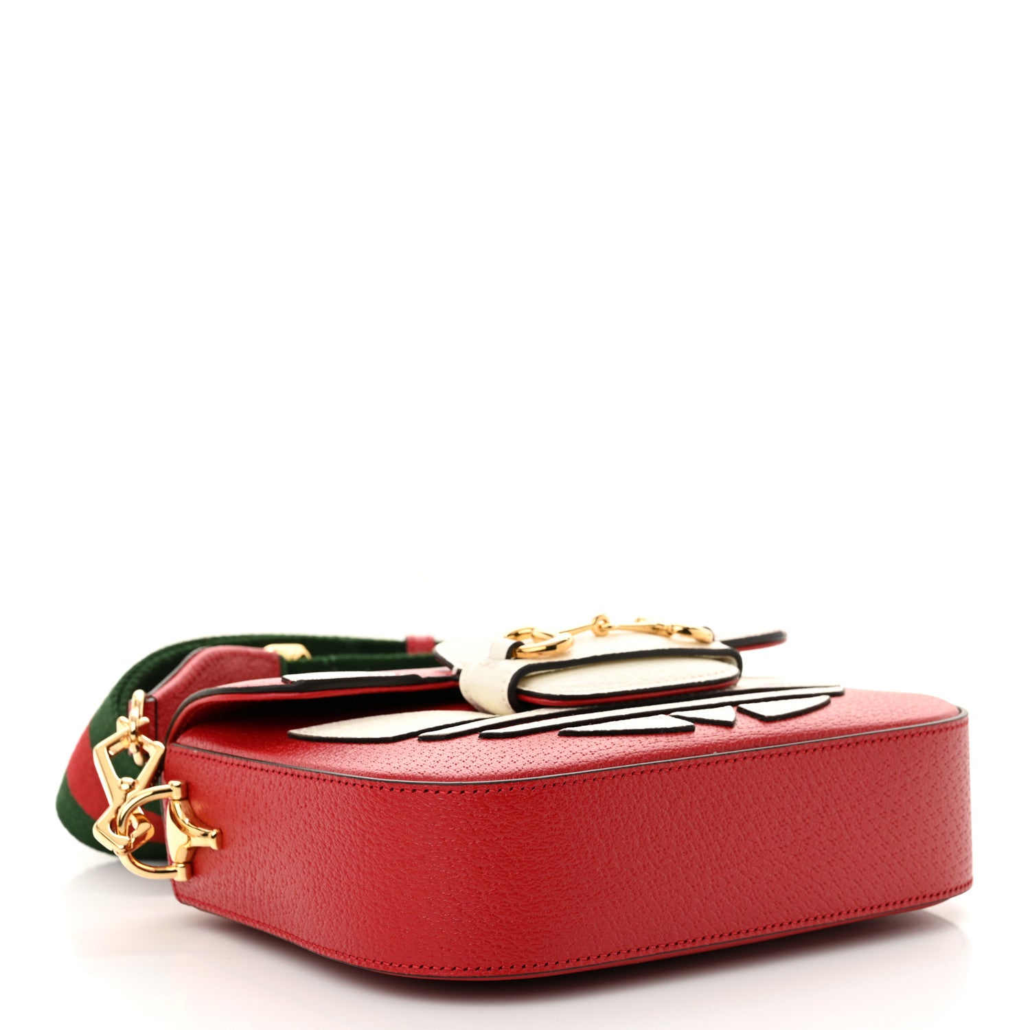 Gucci X ADIDAS Textured Dollar Calfskin Web Trefoil Mini Horsebit 1955 Shoulder Bag Hibiscus Red Off White 4 of 10