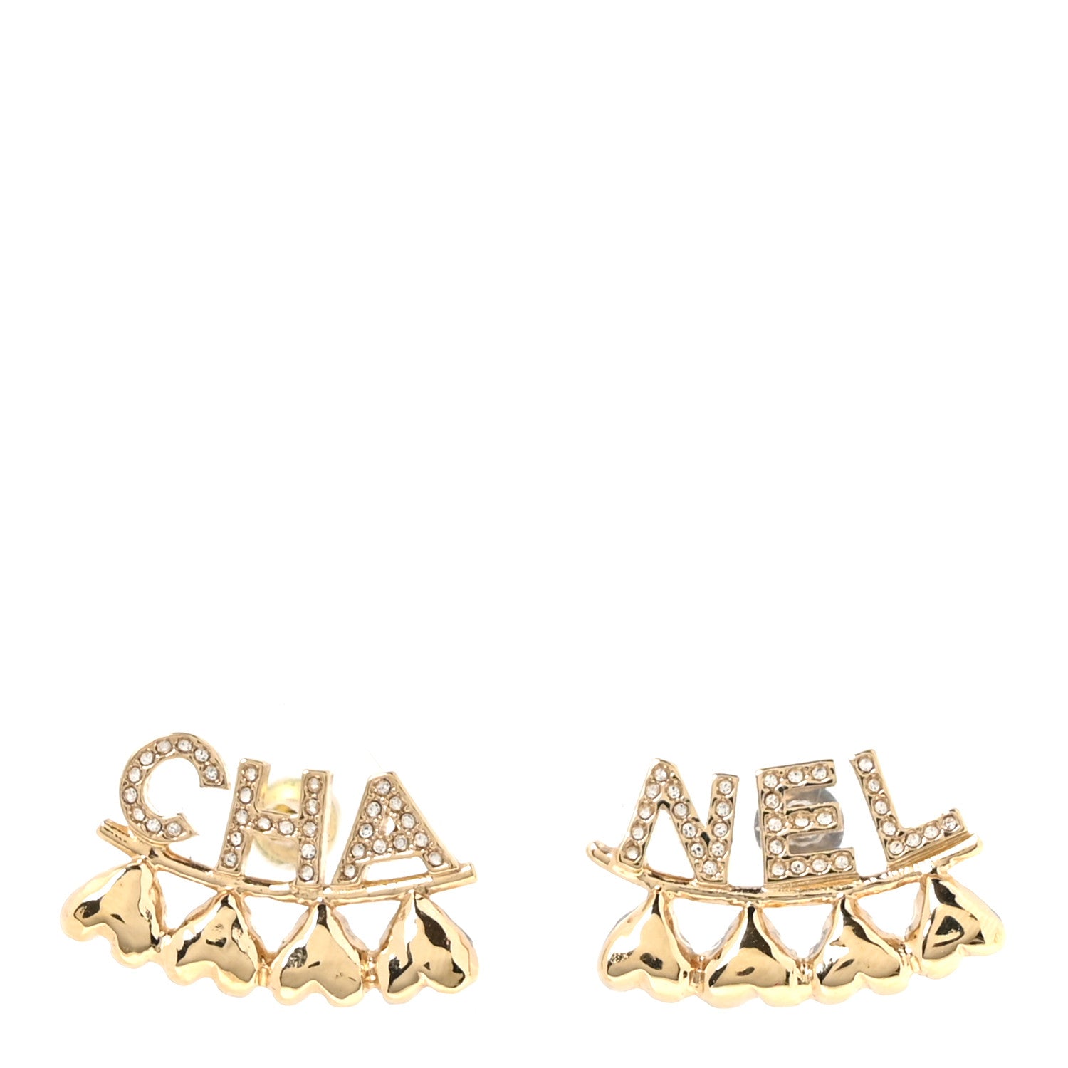 Chanel Crystal Heart Cha-Nel Logo Earrings Gold 1 of 5