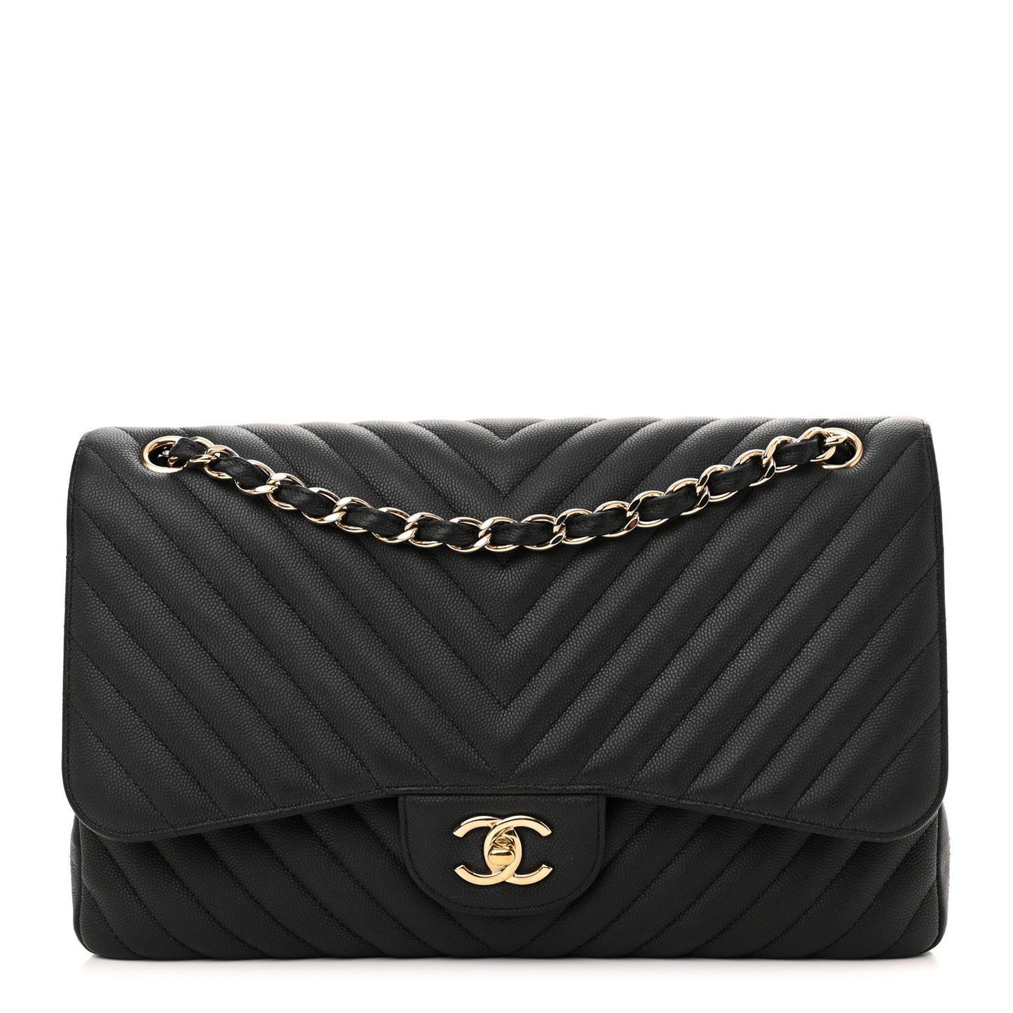 Caviar Chevron Quilted Jumbo Double Flap Black
