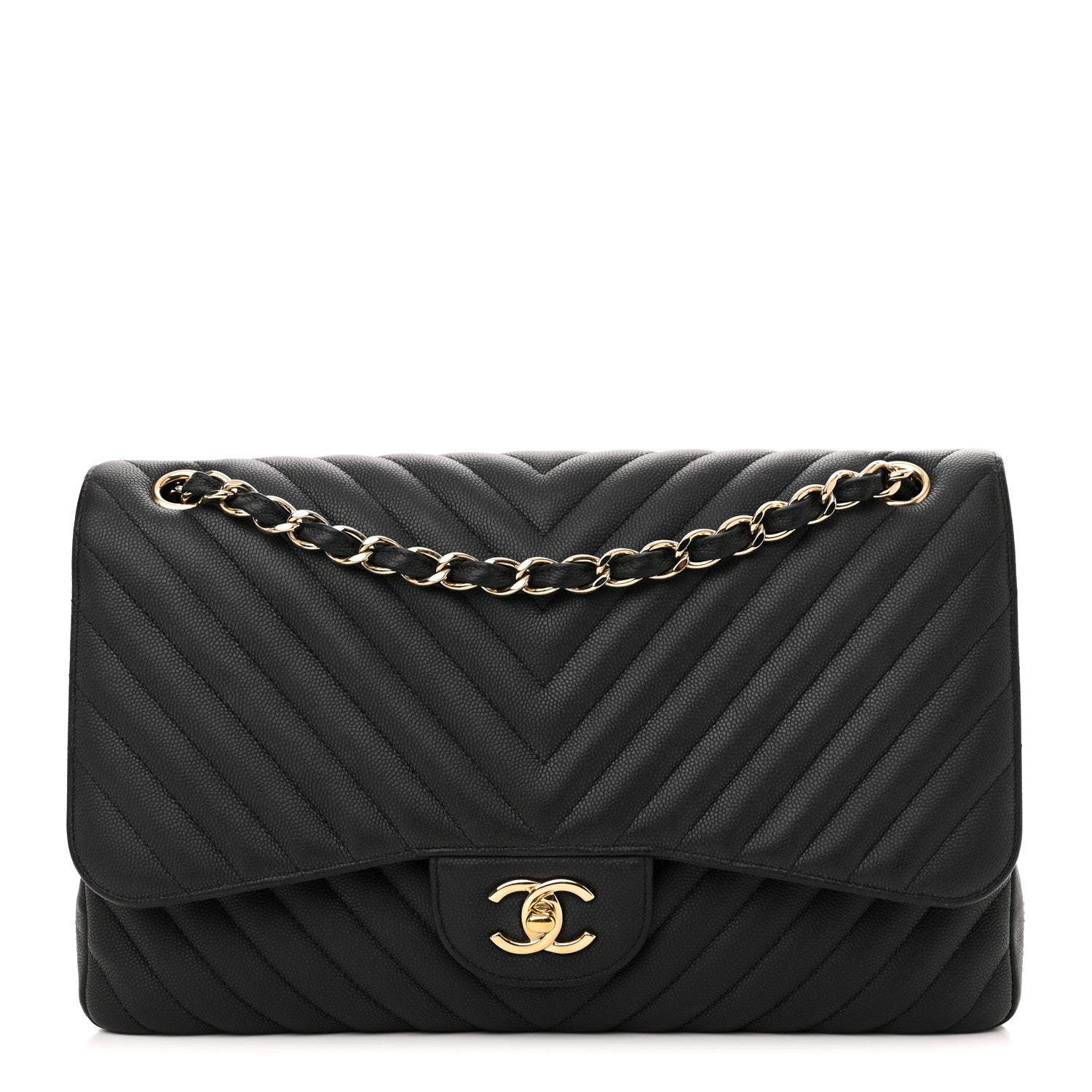 Chanel Caviar Chevron Quilted Jumbo Double Flap Black 1 of 13