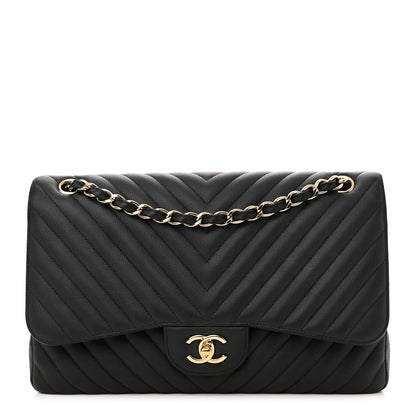 Chanel Caviar Chevron Quilted Jumbo Double Flap Black 1 of 13