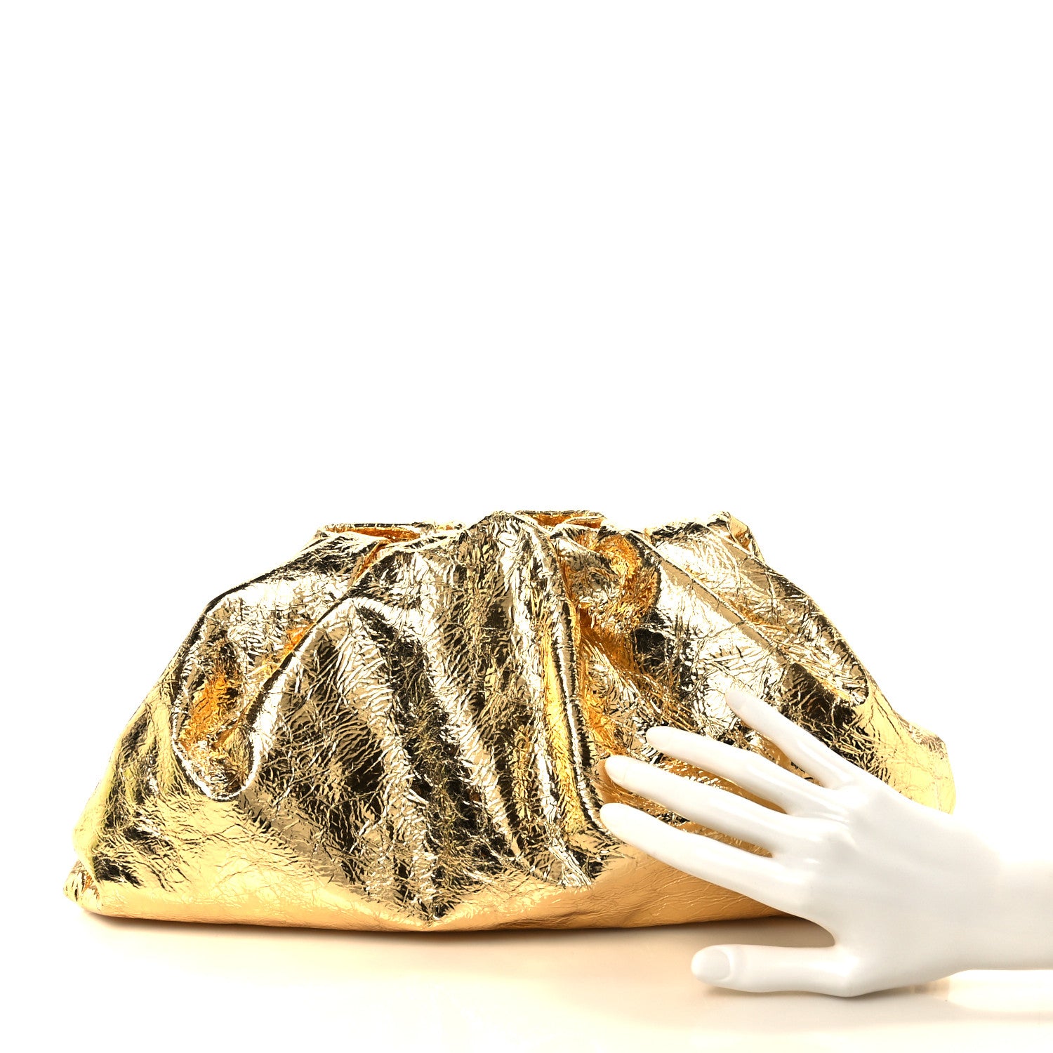 Bottega Veneta Metallic Crinkled Lambskin The Pouch Oversized Clutch Oro 2 of 11