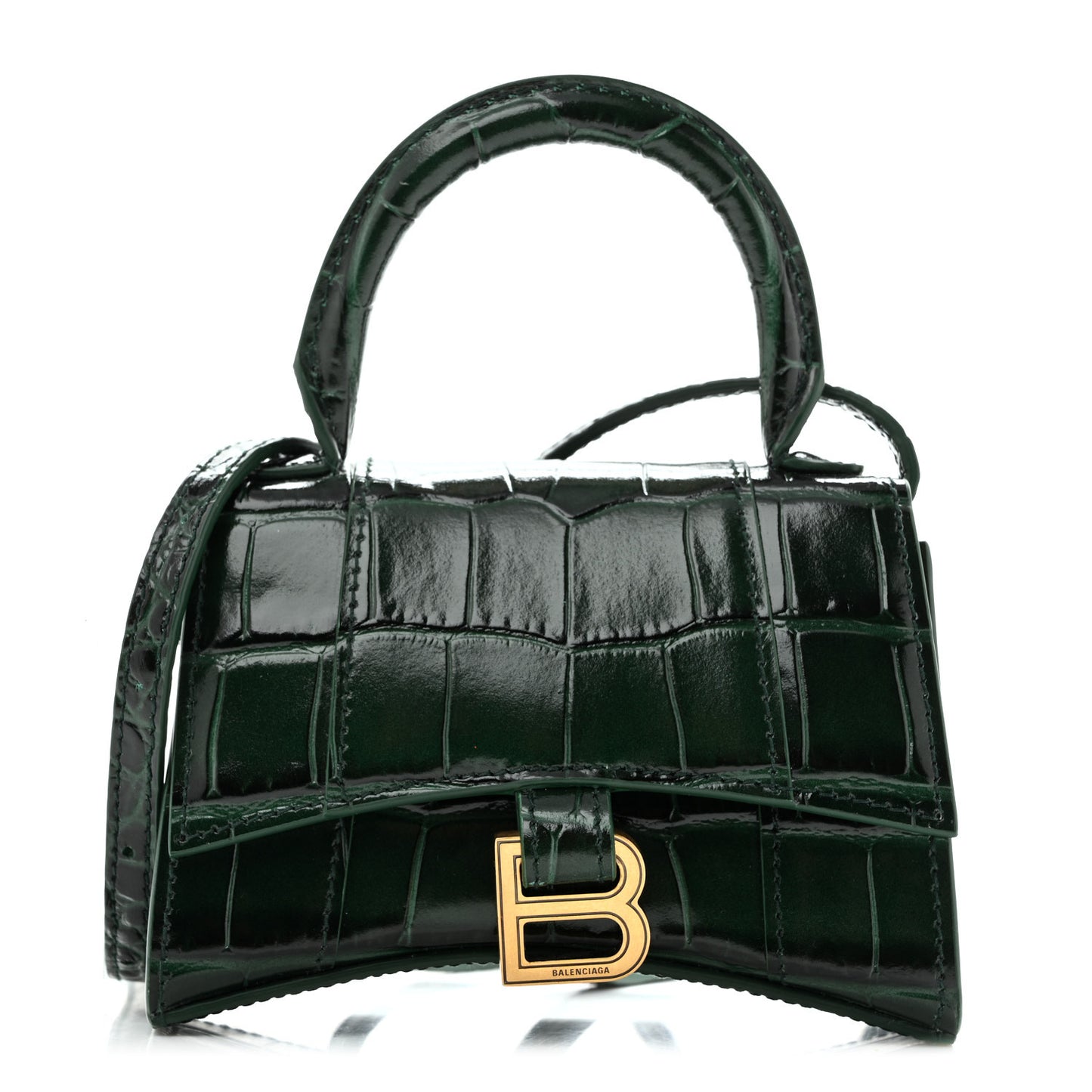 Shiny Calfskin Crocodile Embossed Hourglass Top Handle Bag Mini Forest Green