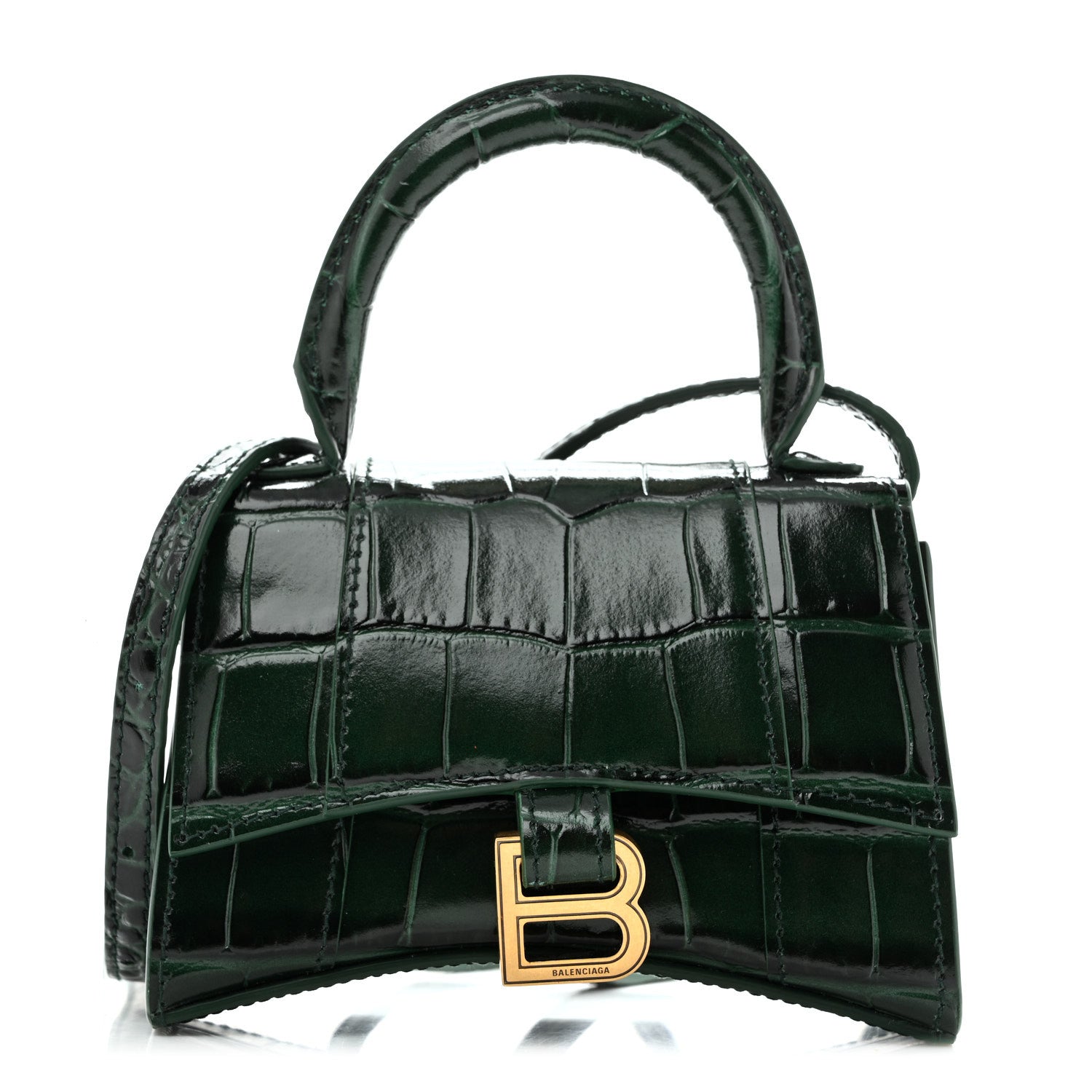 Balenciaga Shiny Calfskin Crocodile Embossed Hourglass Top Handle Bag Mini Forest Green 1 of 9