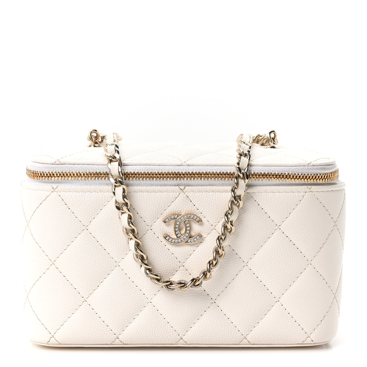 Chanel Caviar Quilted Crystal CC Logo Vanity Case With Chain White 1 of 11