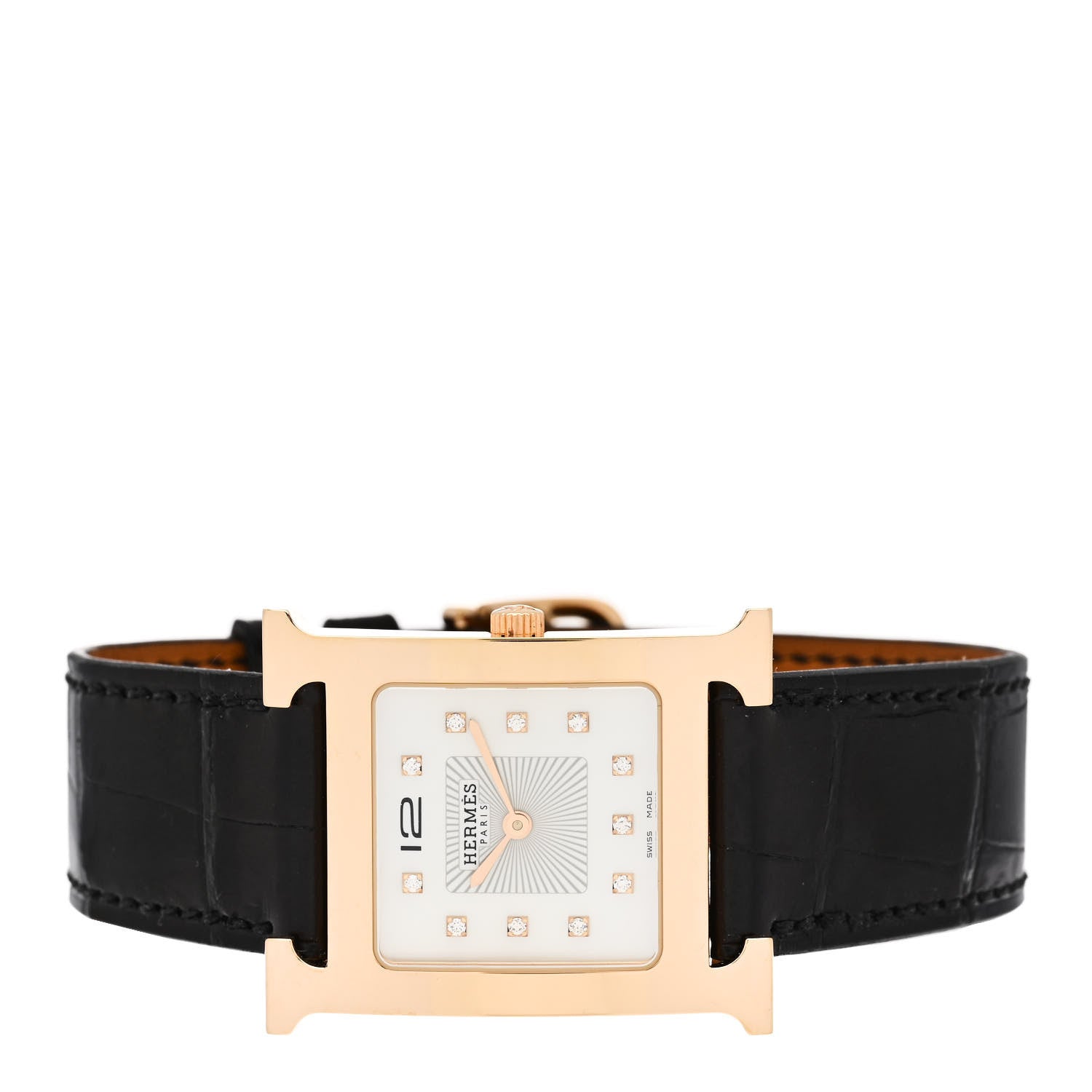 Hermes Stainless Steel Alligator Diamond Mother of Pearl 26mm Heure H Hour Quartz Watch Noir 2 of 5